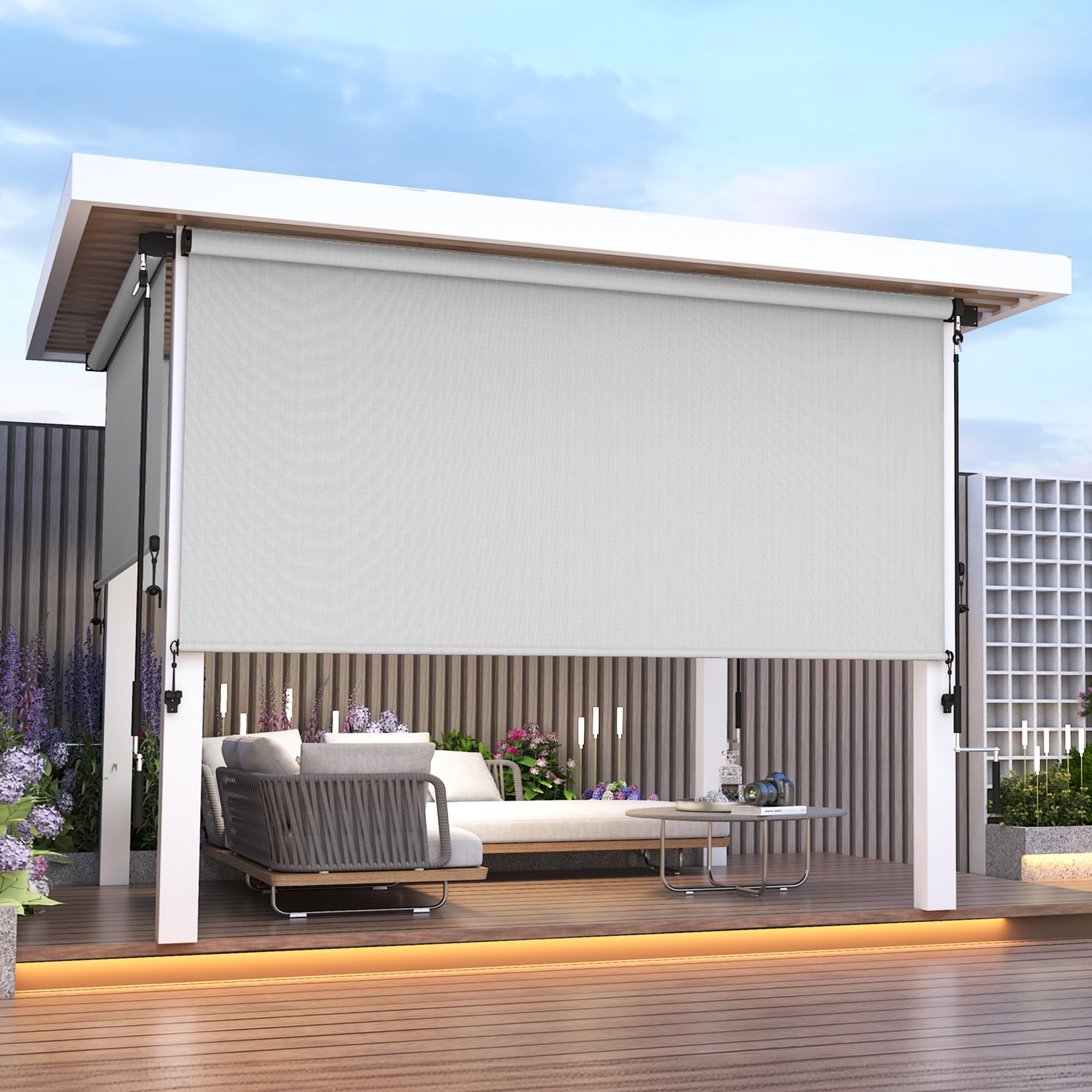 Outdoor Roller Shade for Patio (10'W X 8'H) 420GSM New Material with 95% UV Protection, Cordless Aluminum Patio Blinds with Crank Handle, Outdoor Blinds for Shading, Privacy Protection, Gray