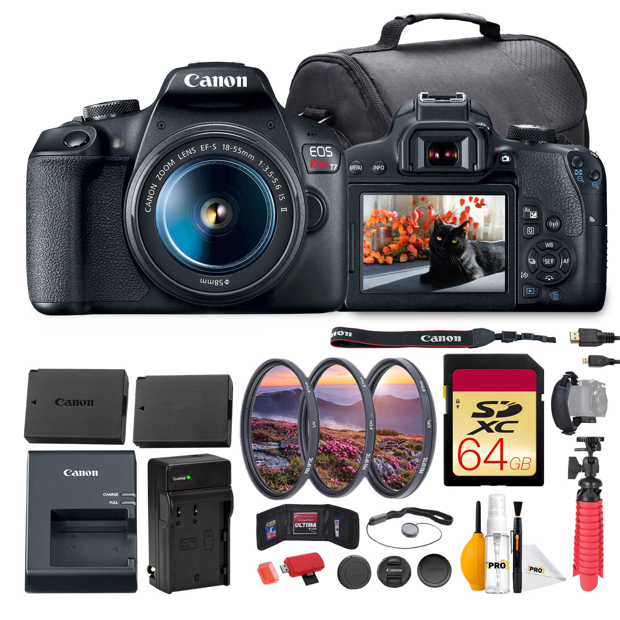 Canon EOS Rebel T7 DSLR Camera with 18-55mm Lens Bundle | 24.1MP APS-C Sensor, Fast AF &amp; Full HD Video | for Beginners, Travel &amp; Family Photography (2727C002) + 64GB Card + Battery + Charger + More