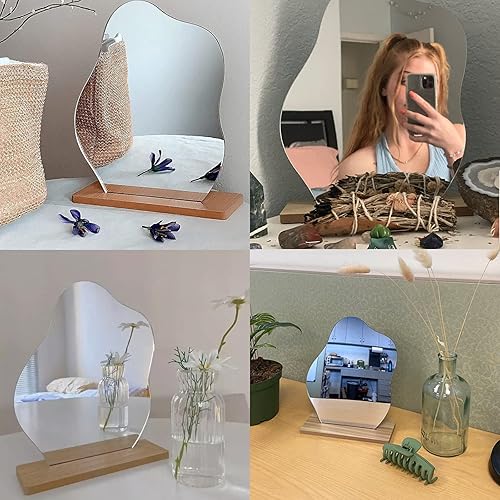 Miniatura 5 de Espejo de tocador estético irregular, sin marco, espejos decorativos de acrílico con soporte de madera para sala de estar, dormitorio, oficina y