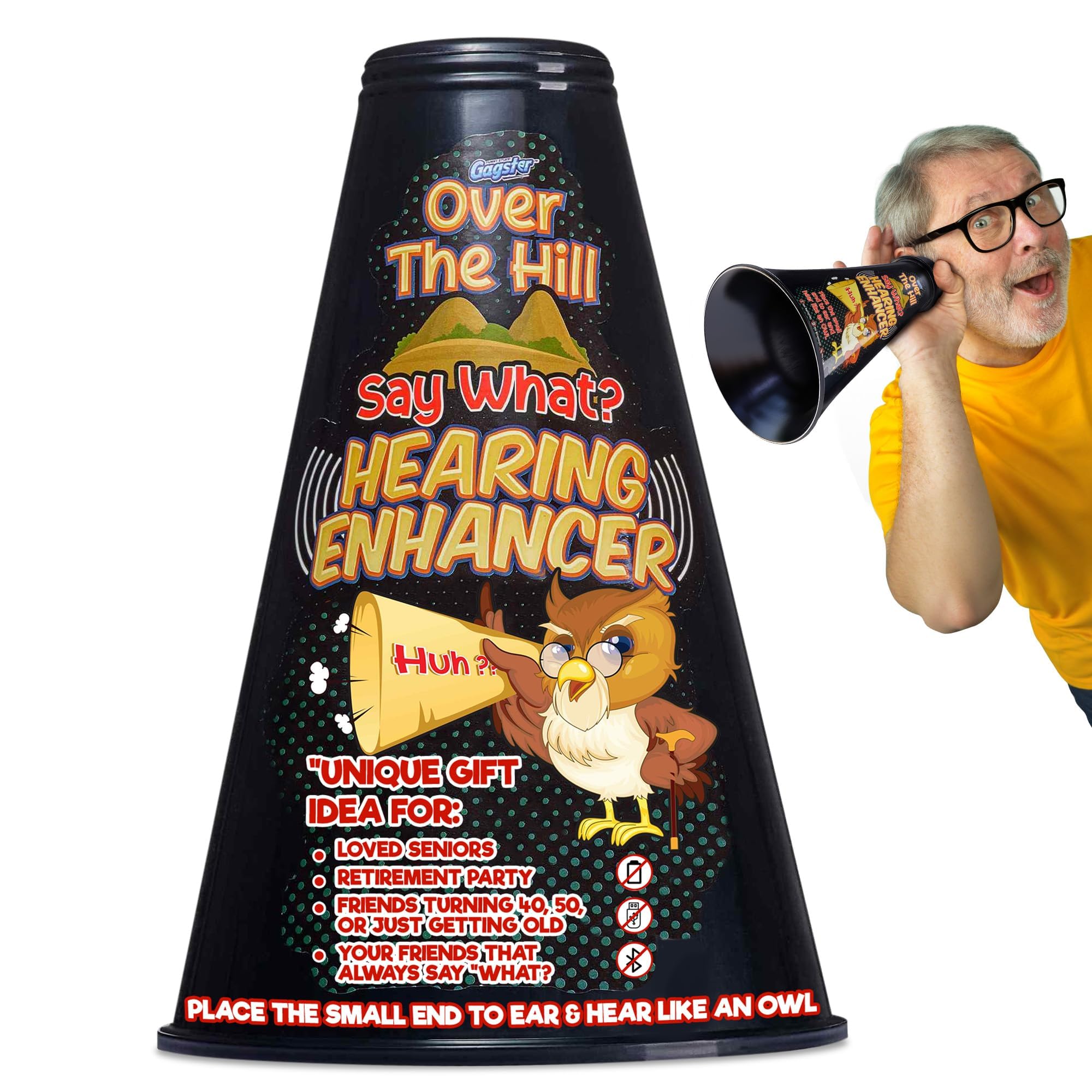 Gagster Over The Hill Say What? Ear Trumpet Hearing Enhancer - Hilarious Retirement Gag Gift - Funny Senior and Old People Birthday Prank - Old