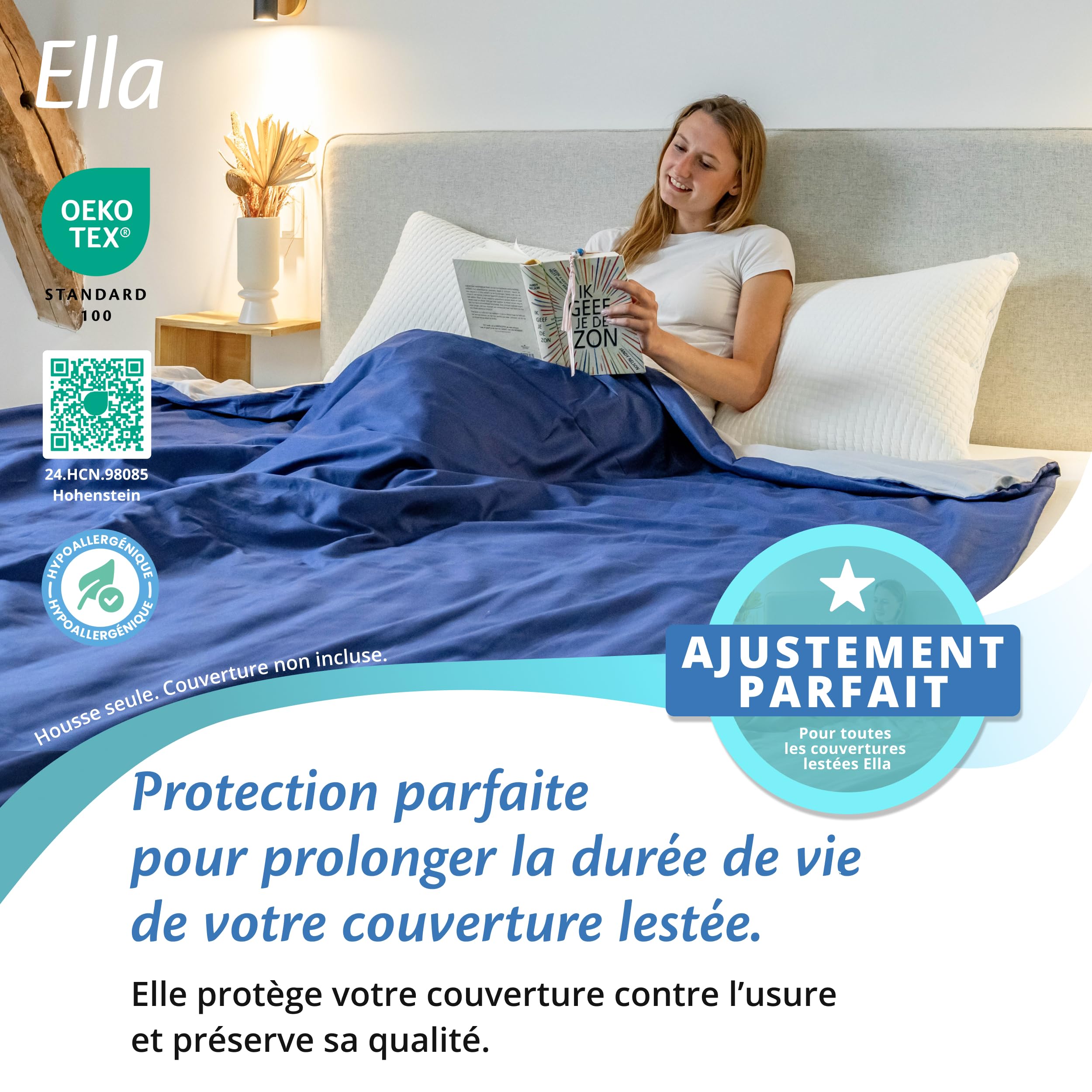 Ella Housse de Couette 150x200 cm pour Couverture Lestée Adulte - 100% Coton - Idéale pour couvertures pondérées de 7 kg et 9 kg - Bleu Marine