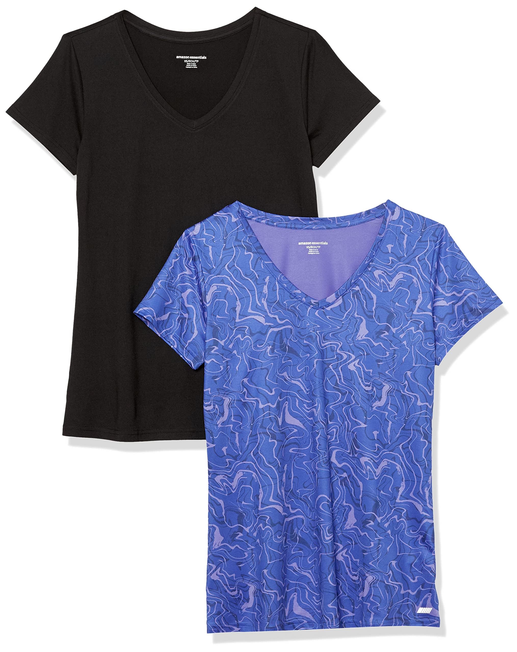 Amazon Essentials Damen Active Quick Dry Tech Stretch Kurzarm-T-Shirt mit V-Ausschnitt (in Übergröße erhältlich), 2er-Pack, Blau Marmor/Schwarz, XXL