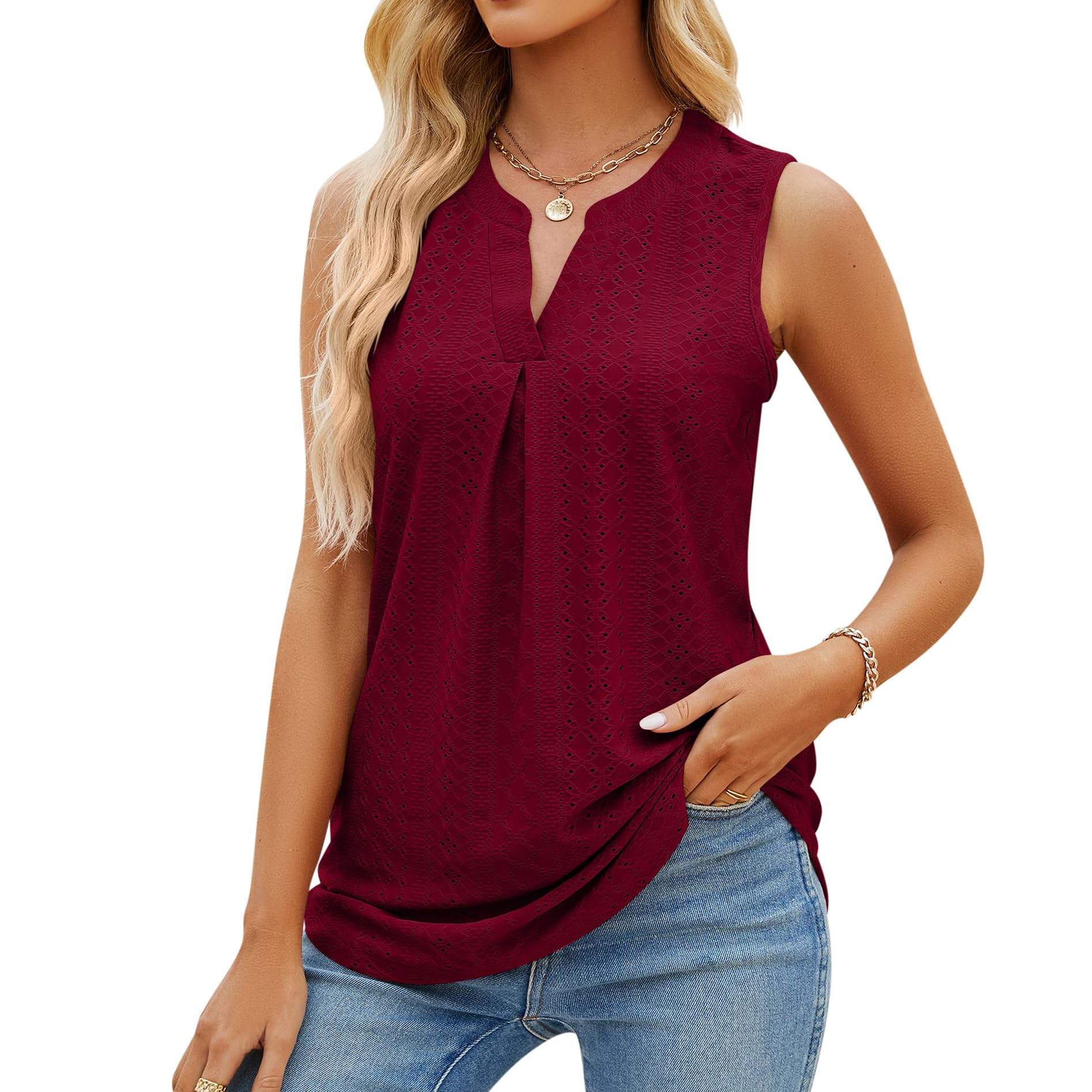 HANERDUN Camisetas Mujer Top Verano de Cuello en V Chaleco Mujer Blusas Sin Mangas Elegantes Camisa de Tela con Ojales Cami Tank Top