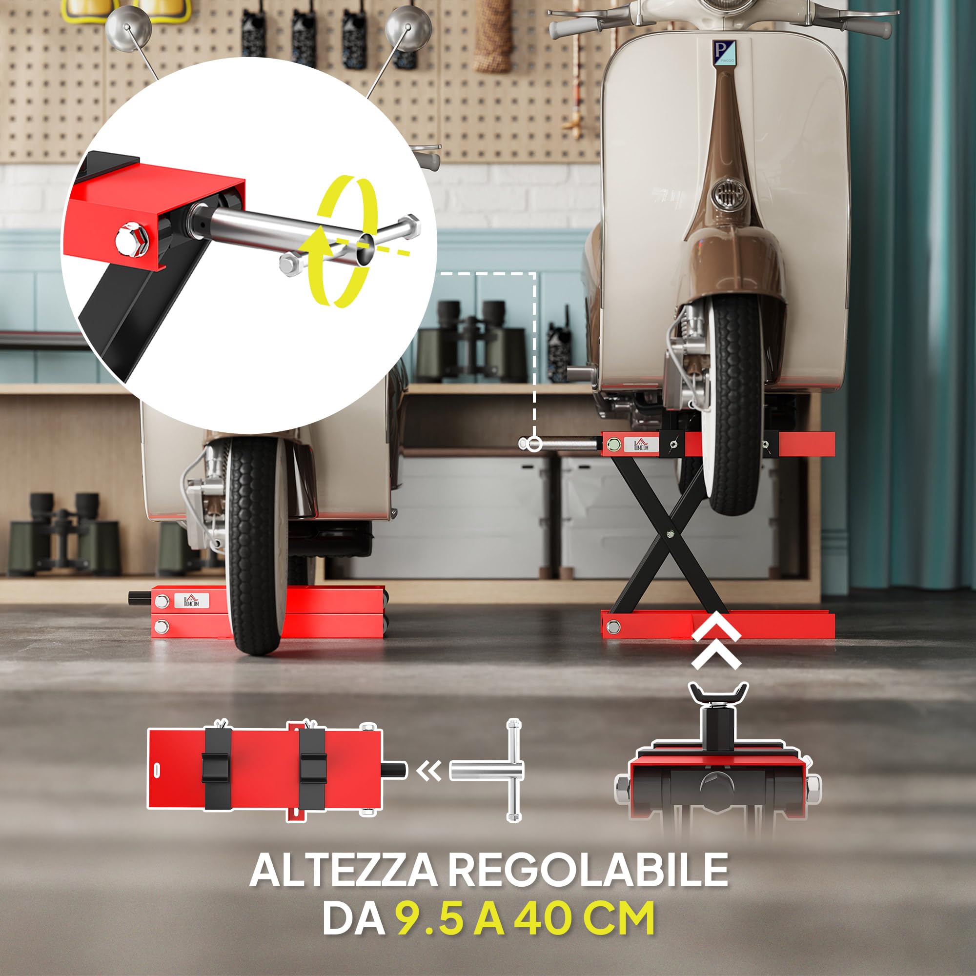 HOMCOM Sollevatore Moto in Acciaio Max 500kg, Cavalletto Alzamoto Pieghevole con Altezza Regolabile 9.5-40 cm e Manovella, Piattaforma da 45x15 cm, Rosso
