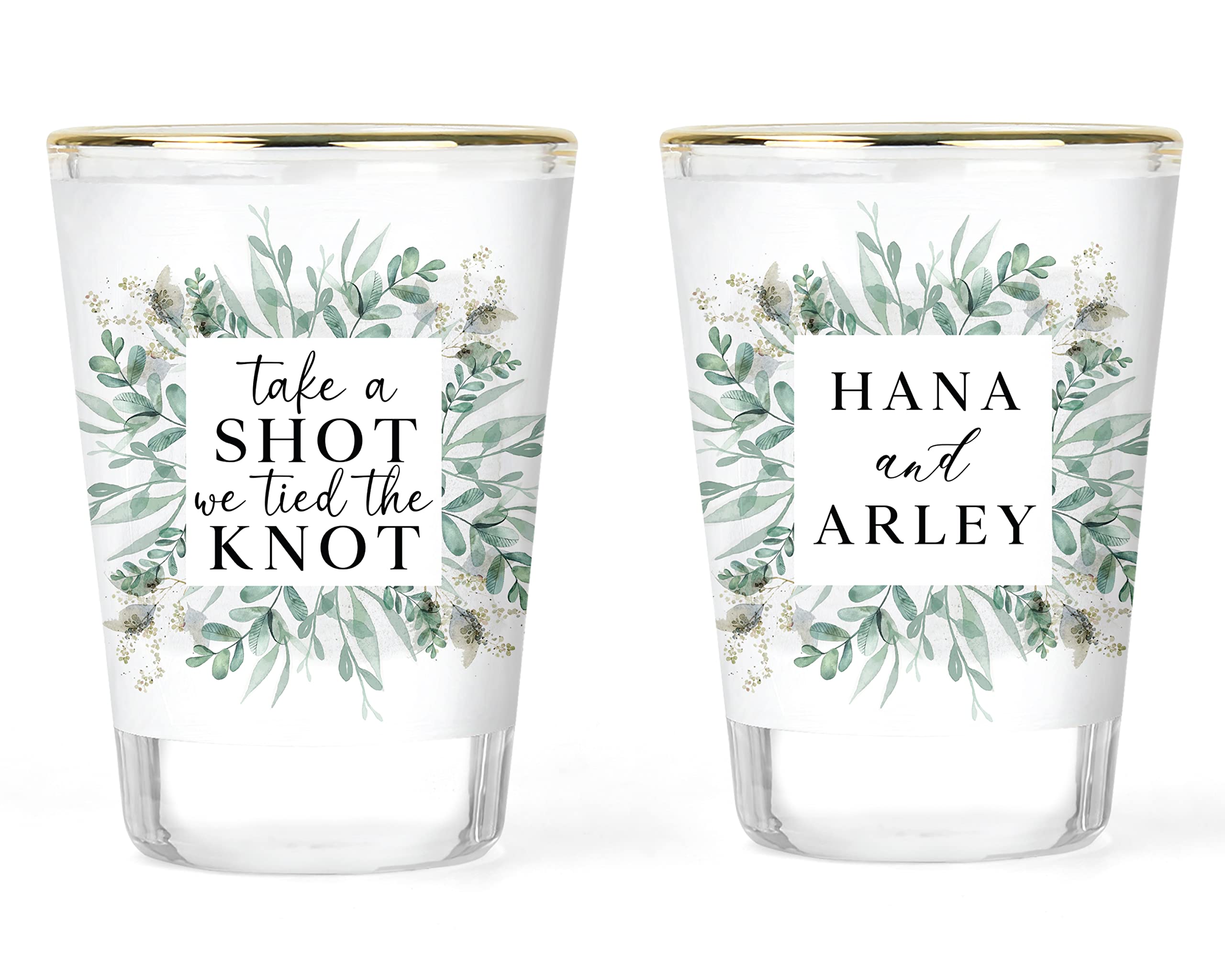 Wedding Shot Glasses - We Tied the Knot Shot Glass Set - Personalized Bride and Groom Matching Barware - Unique Wedding Favors - Personalized Keepsake for Wedding Couple - (2 pc.) 1.5 oz Gold-rimmed