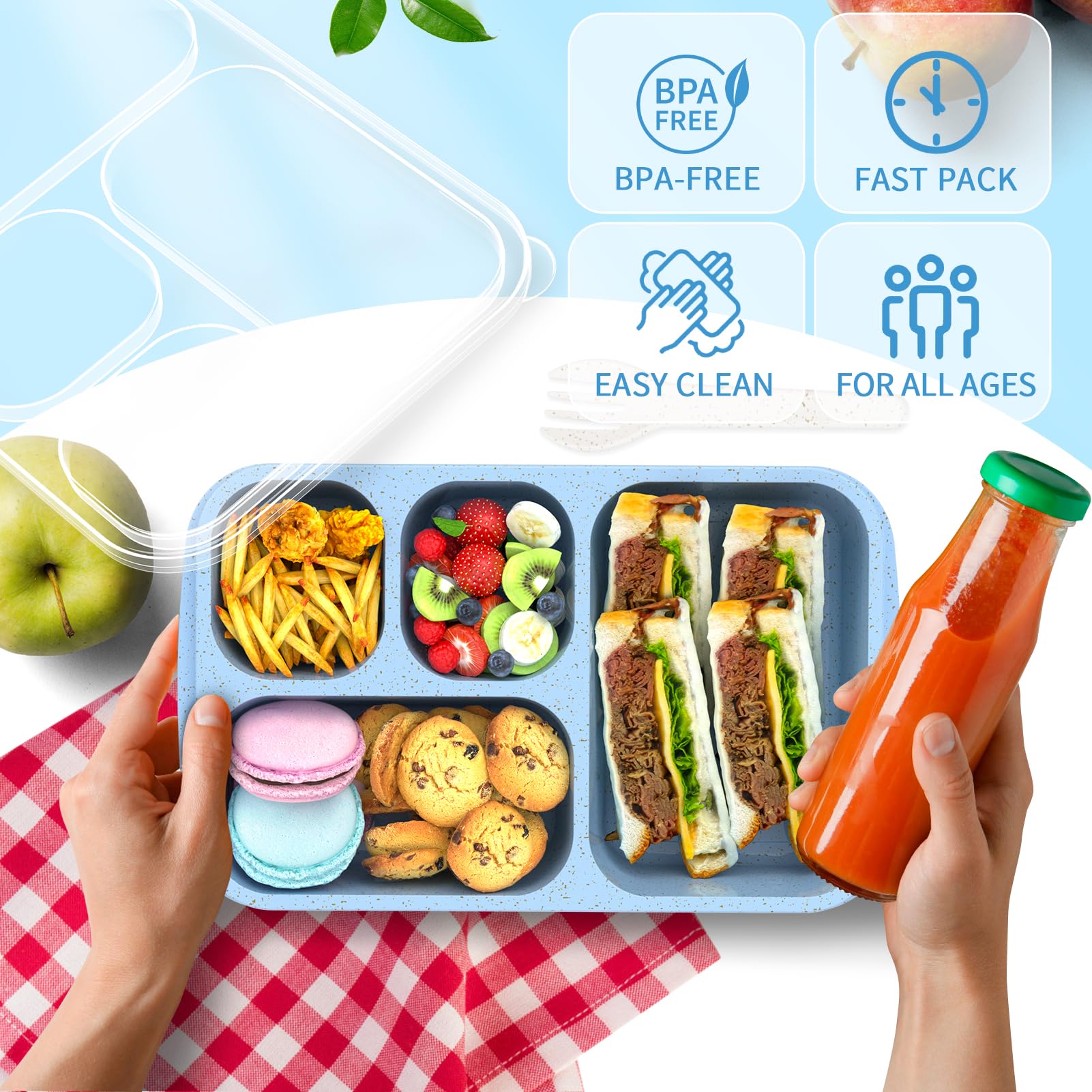 Caja Bento de gran capacidad para adultos, juego de 4 piezas, lonchera apilable con 4 compartimentos, apta para microondas y lavavajillas, recipientes reutilizables para preparación de comidas, 5