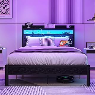 VERFARM 4ft6 Double Size Bed Frame with LED Lights Storage Upholstered Headboard and Charging Station, Solid Metal Platform Bed Double Size, No Box Spring Needed, Noise Free