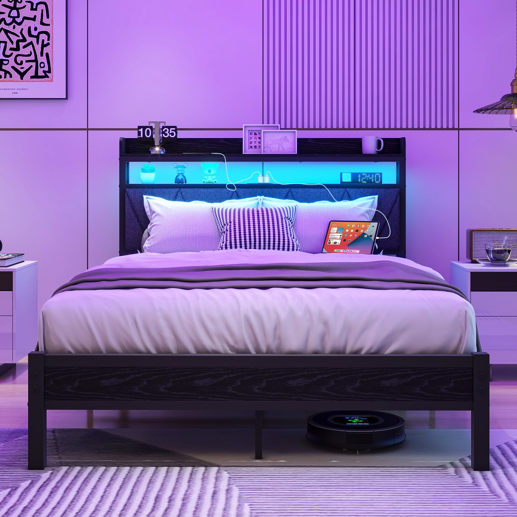 Struttura Letto King Size In Metallo Nero Con Ricarica Wireless E Luci LED – Testiera Con Ripiani – Senza Rumore