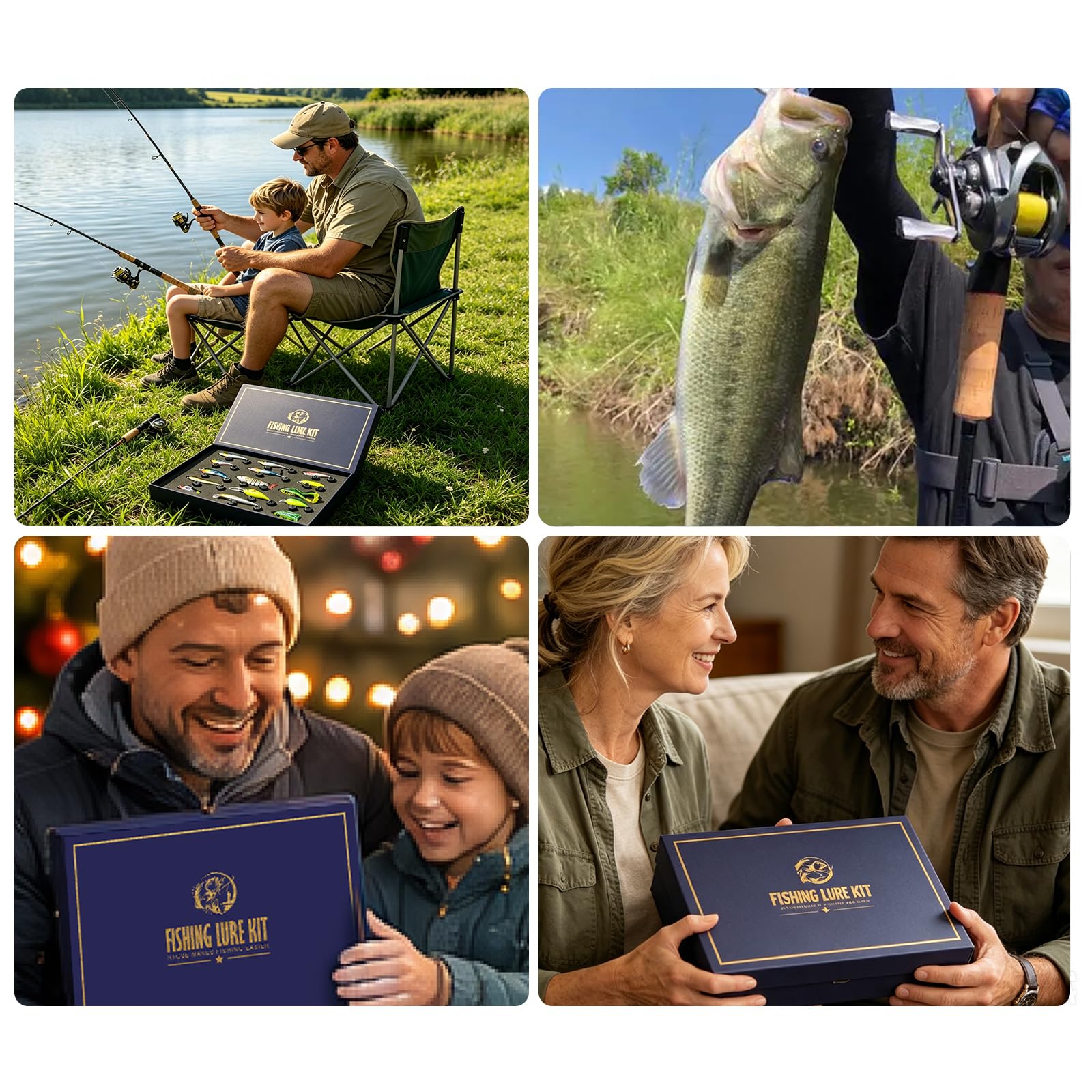 Angel-Geschenk für Männer, 15-teiliges Angelköder-Set für Barsch, Forelle, Hecht, Lachs, Angelköder, Geschenk-Set mit Premium-Geschenk-Box, Süß- und Salzwasser-Angelausrüstung, Geschenke für Männer
