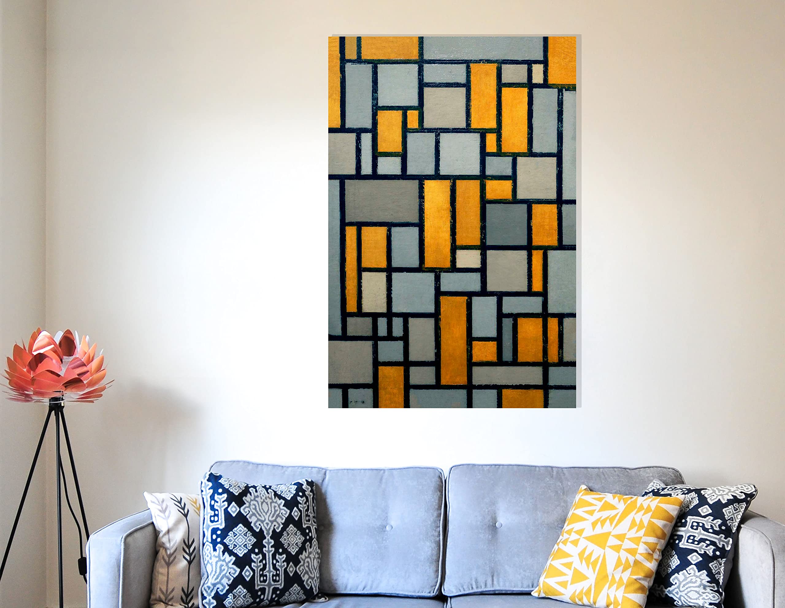 Toile murale encadrée avec grille de composition 1 par Piet Mondrian - Décoration d'intérieur - Grand format - 60 x 86 cm