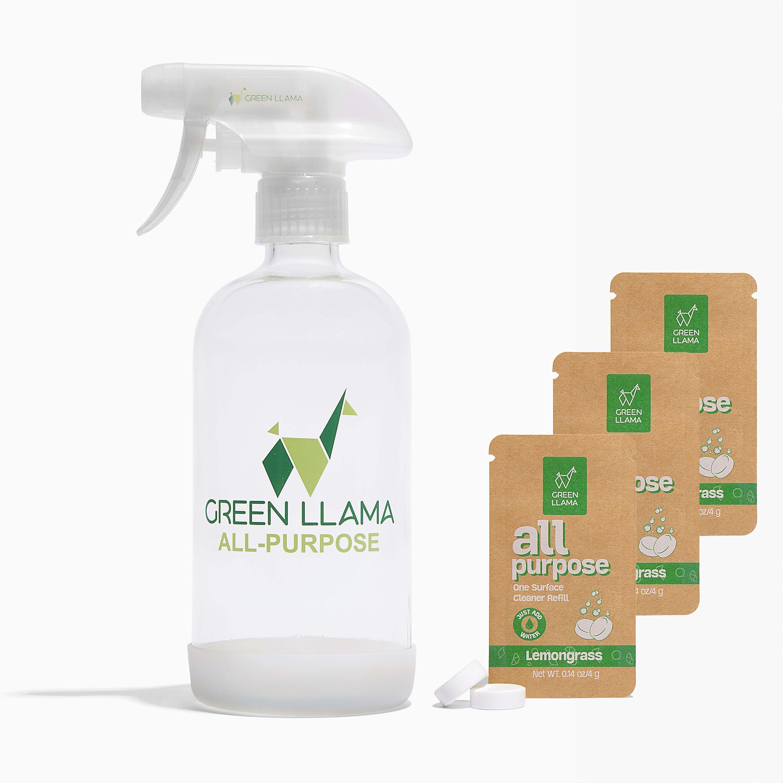 Green Llama Eco-Friendly All-Purpose Cleaning Spray | 16oz Glass Bottle, 3 Refill Tablets | Lemon Grass Scent | Natural, Sustainable, Safe for Home Surfaces | Ideal for Eco-Shoppers
