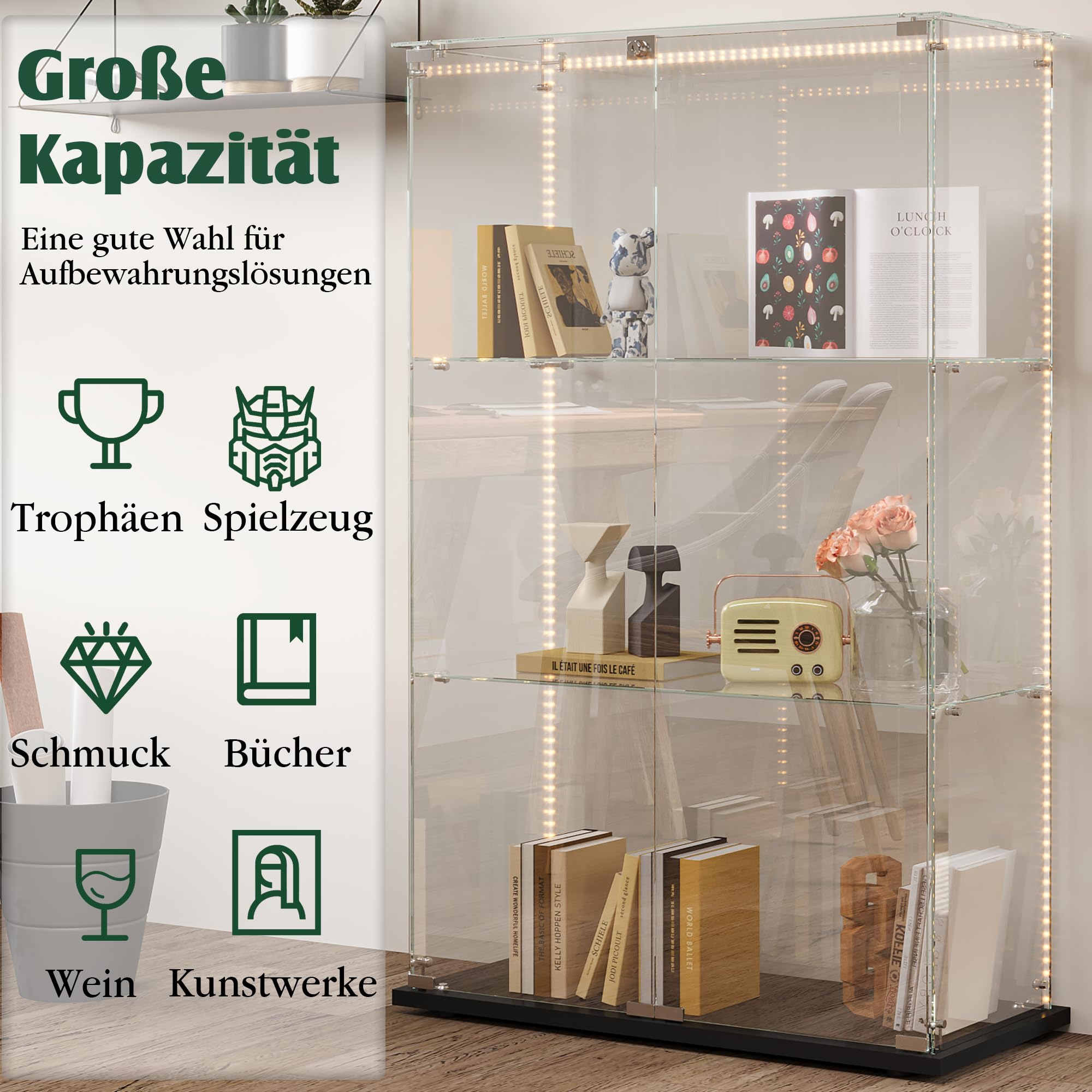 Vitrina de cristal con iluminación LED, armario de vitrina con cerradura, vitrina de cristal a prueba de polvo para colecciones, vitrina de pie para salón, dormitorio, oficina (negro+barra de luz+2