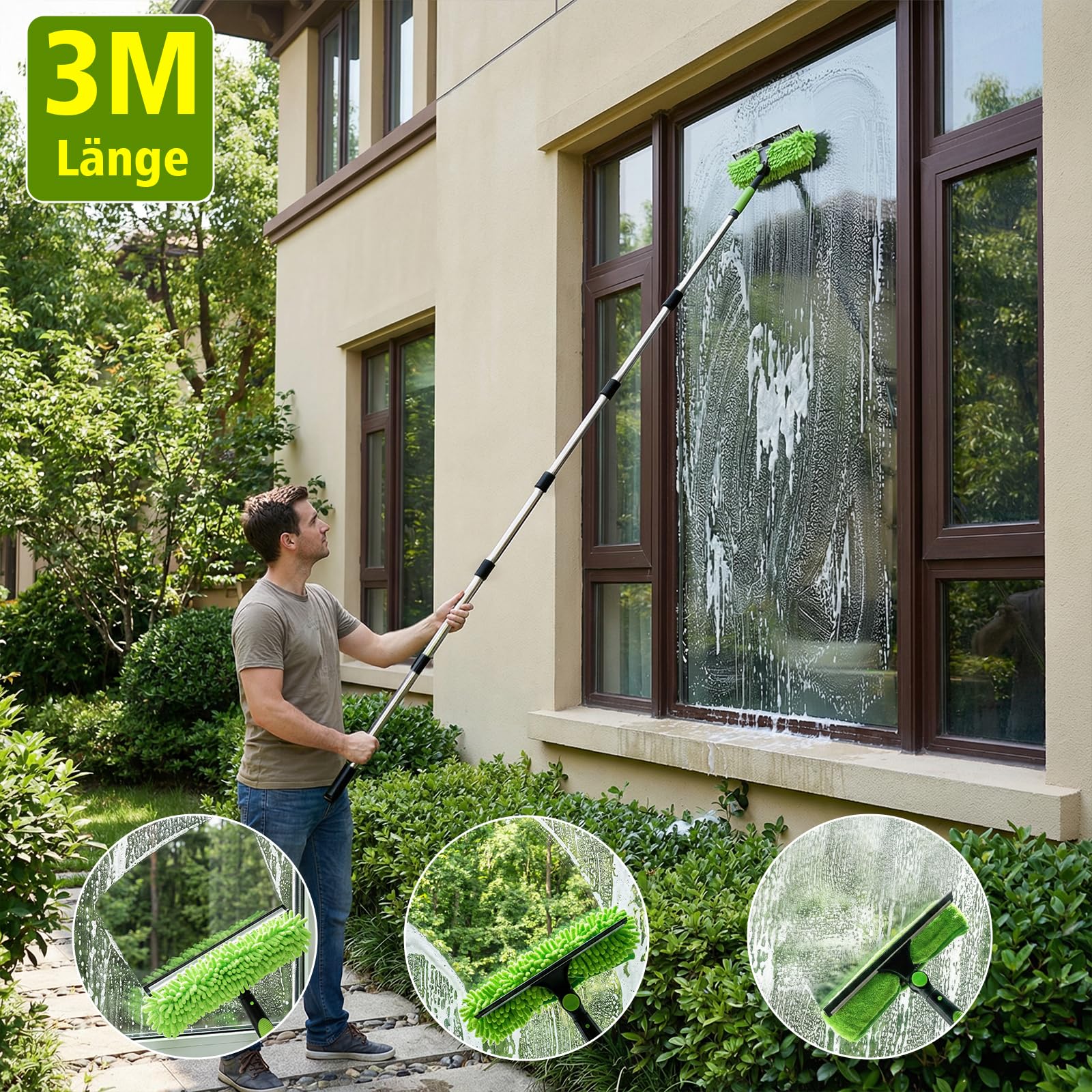 CLOPAE 3M Limpia Cristales con Mango Extensible, 2 en 1 Limpiador de Cristales con 400ML Limpia Ventanas, Kit Limpiacristales Profesional para Ducha Cristal Espejo Puerta Coche