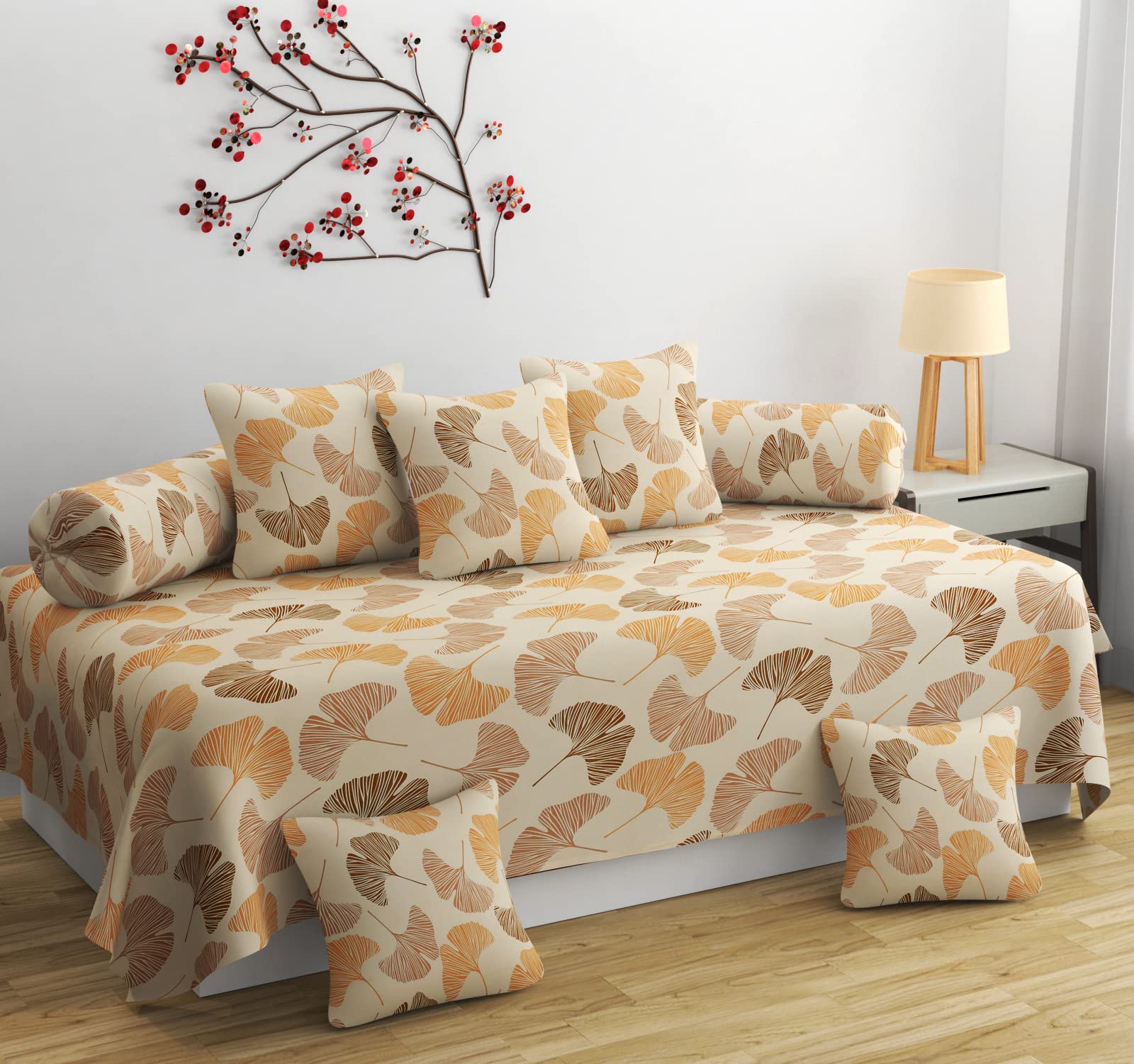 Diwan Set 8 Pieces Cotton Printed Standard Diwan Set (1 Single Bedsheet, 2 Bolster Covers, 5 Cushion Covers) (Multi Colour 5)-image-17