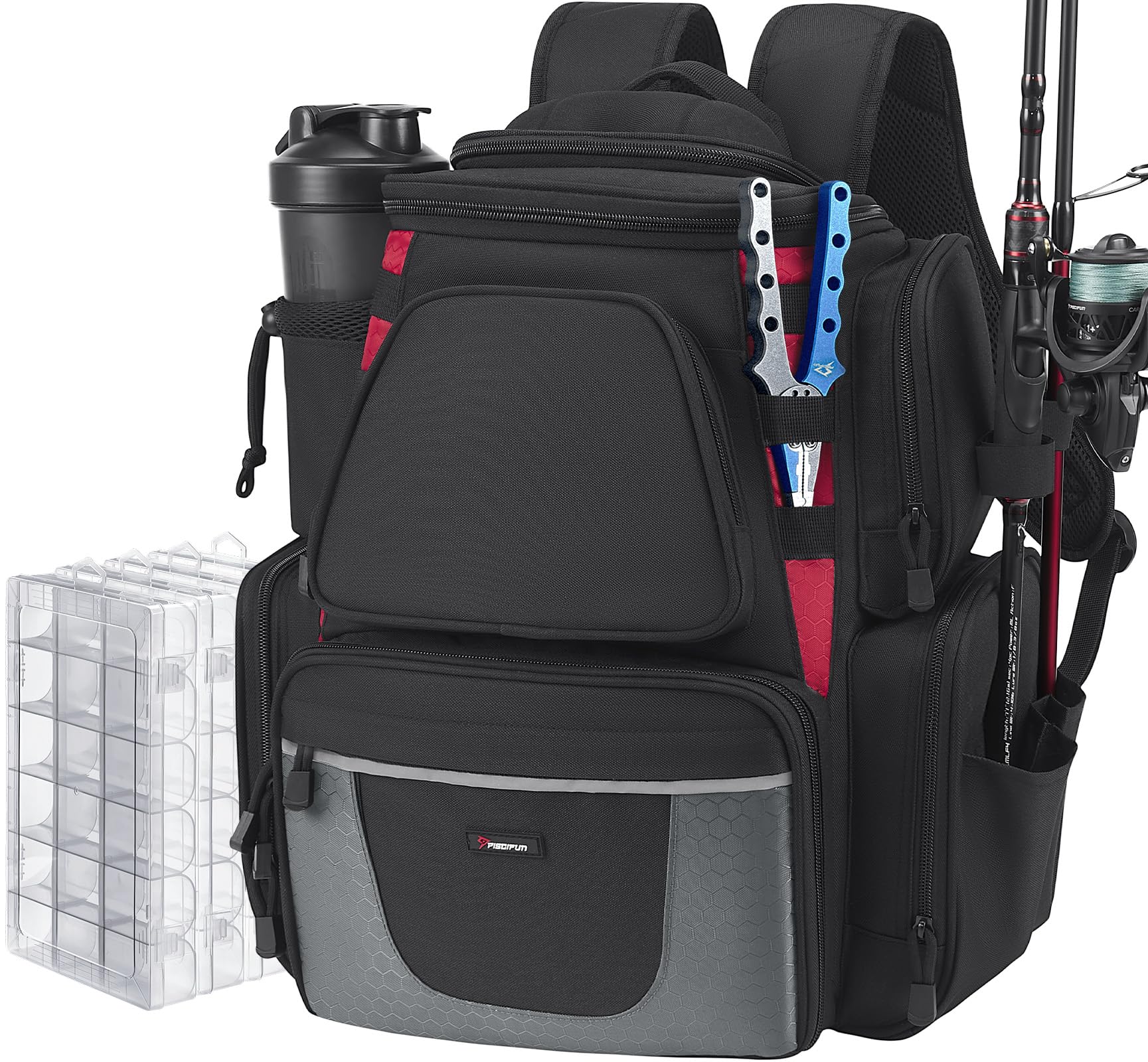 Piscifun Fishing Backpack with 2 Rod Holders & 4 Tackle Boxes, Large Tackle Storage Bag With Rain Cover for Fishing Gear