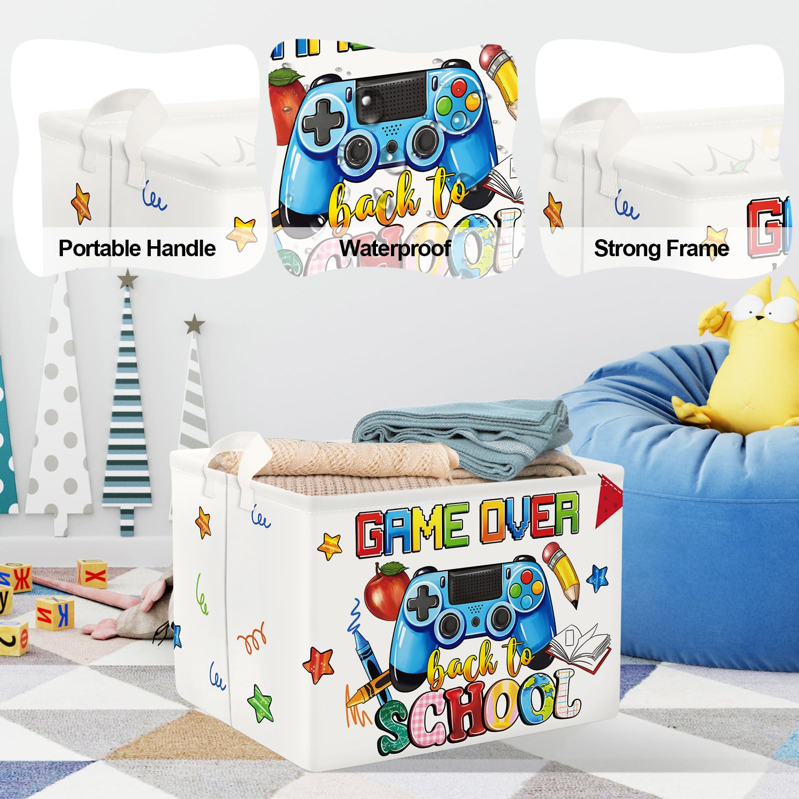 Clastyle Ceste Biancheria Gioco Cestino Giocattoli Vestiti Impermeabile per Ragazzo Ragazza Cestino Portaoggetti per Bagno Cameretta Bucato, Scuola Bianca, 40x30x30 cm