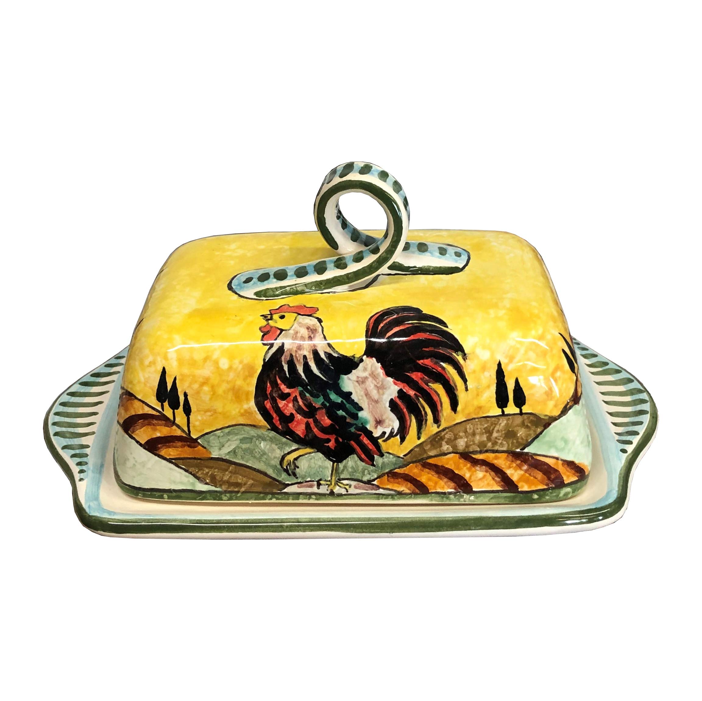 CERAMICHE D'ARTE PARRINIItalian Ceramic Butter Dish Hand Painted Decorated Rooster Made in ITALY Tuscan Art Pottery