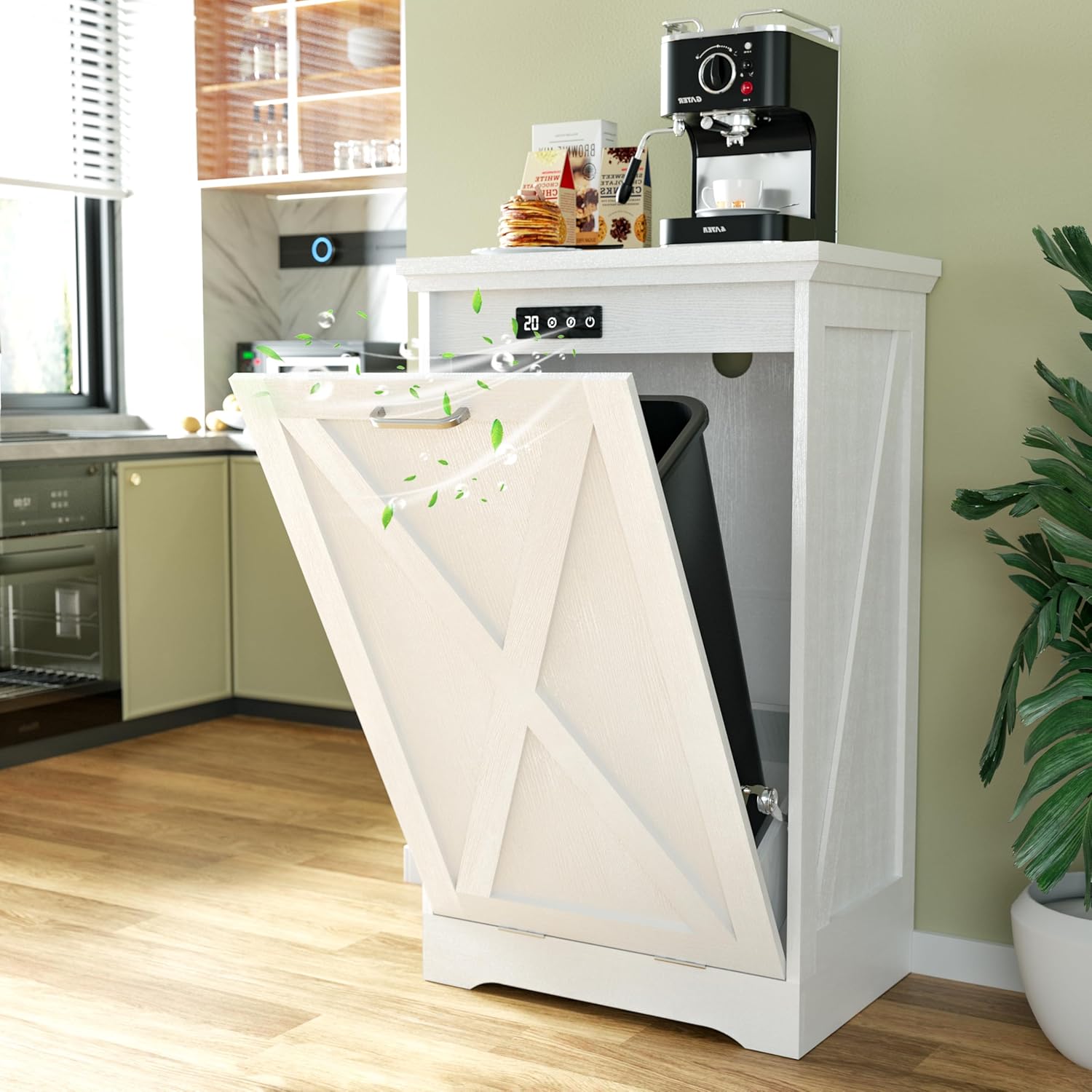 Betterhood TOLEAD Tilt Out Trash Can Cabinet, Hidden Trash Bin with Deodorizing & Negative Ion System, Pet-Proof Kitchen Waste Cabinet for Kitchen, Dining Room, Living Room (White, 1 * 13 Gallons)