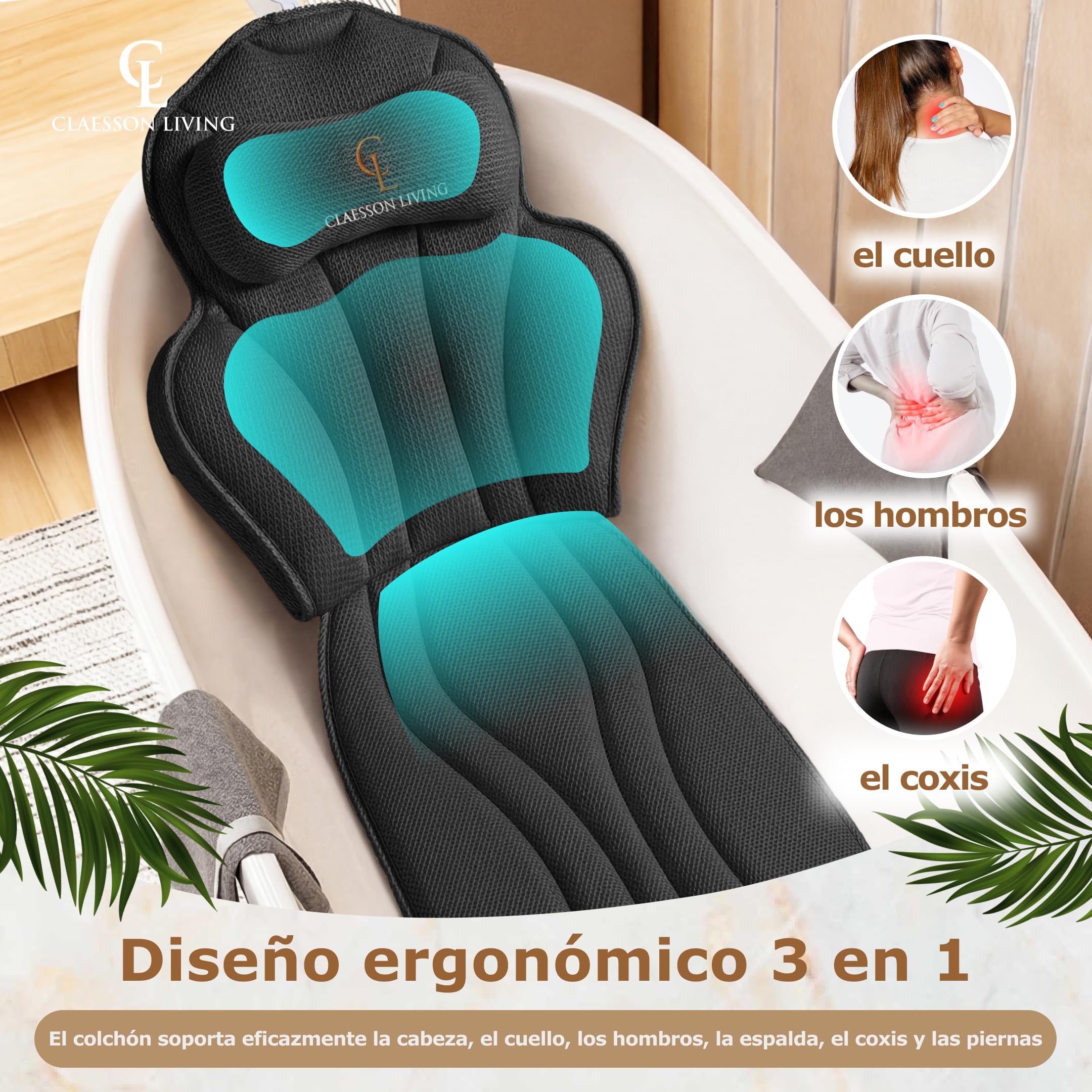 Cojin bañera (152x56cm) - Almohada bañera con apoyacabezas (11cm) y Soportes para el Cuello, Espalda y piernas – Incluye: Bath Pillow, Bolsas de Lavado y de Viaje, Gancho para Secado rápido Negro