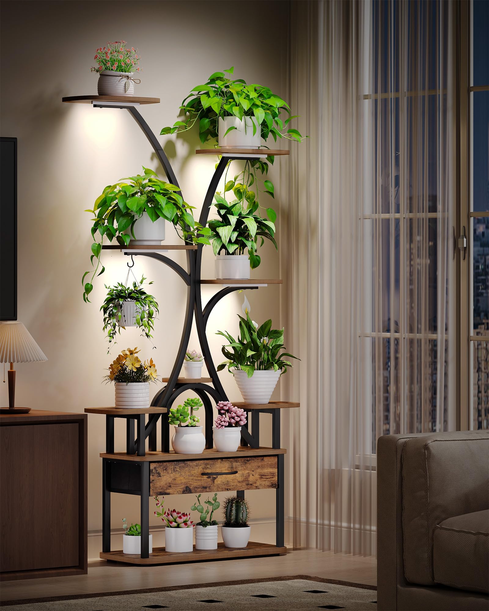 Hzuaneri Pflanzenständer mit Wachstumslicht, 9-Ebenen Blumenständer mit 4 R-G LED-Leuchten, Farbe und Timing Einstellbar, 164 cm, Ideal für Wohnzimmer, Balkon, Garten, Vintagebraun-Schwarz, PS16001B