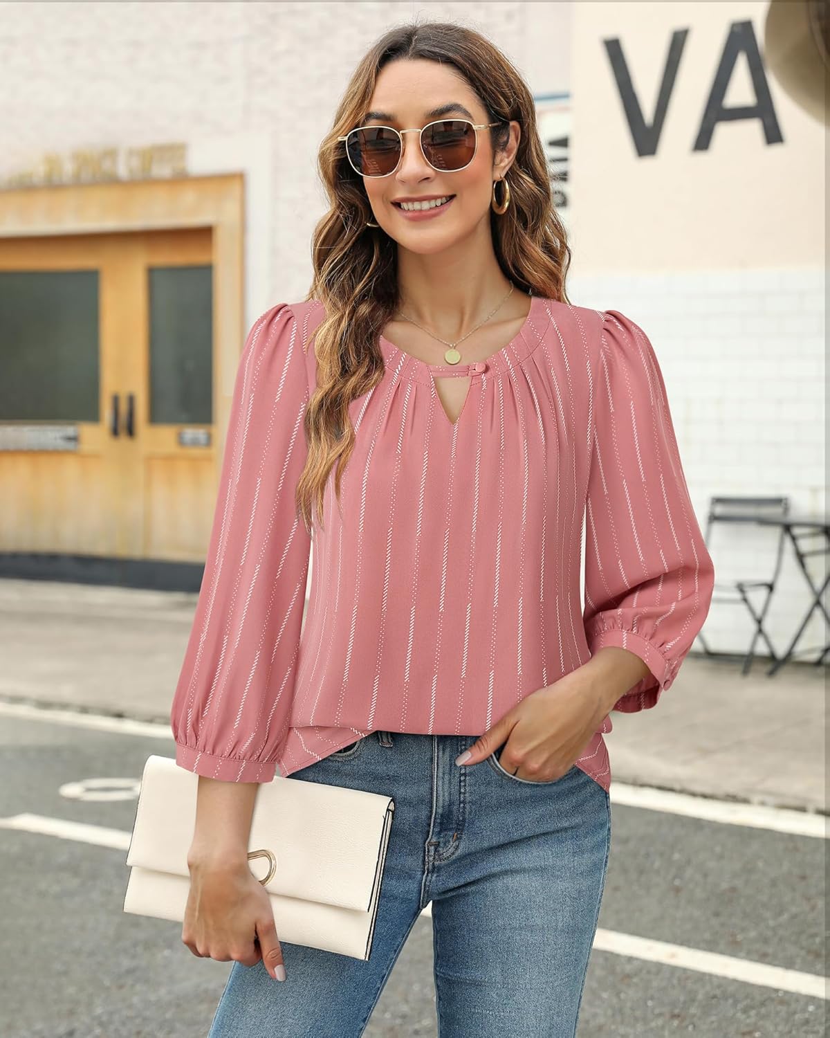 VALOLIA Women's 3/4 Sleeve Dressy Blouses Shirts Business Casual Work Chiffon Tunic Tops - Image 3