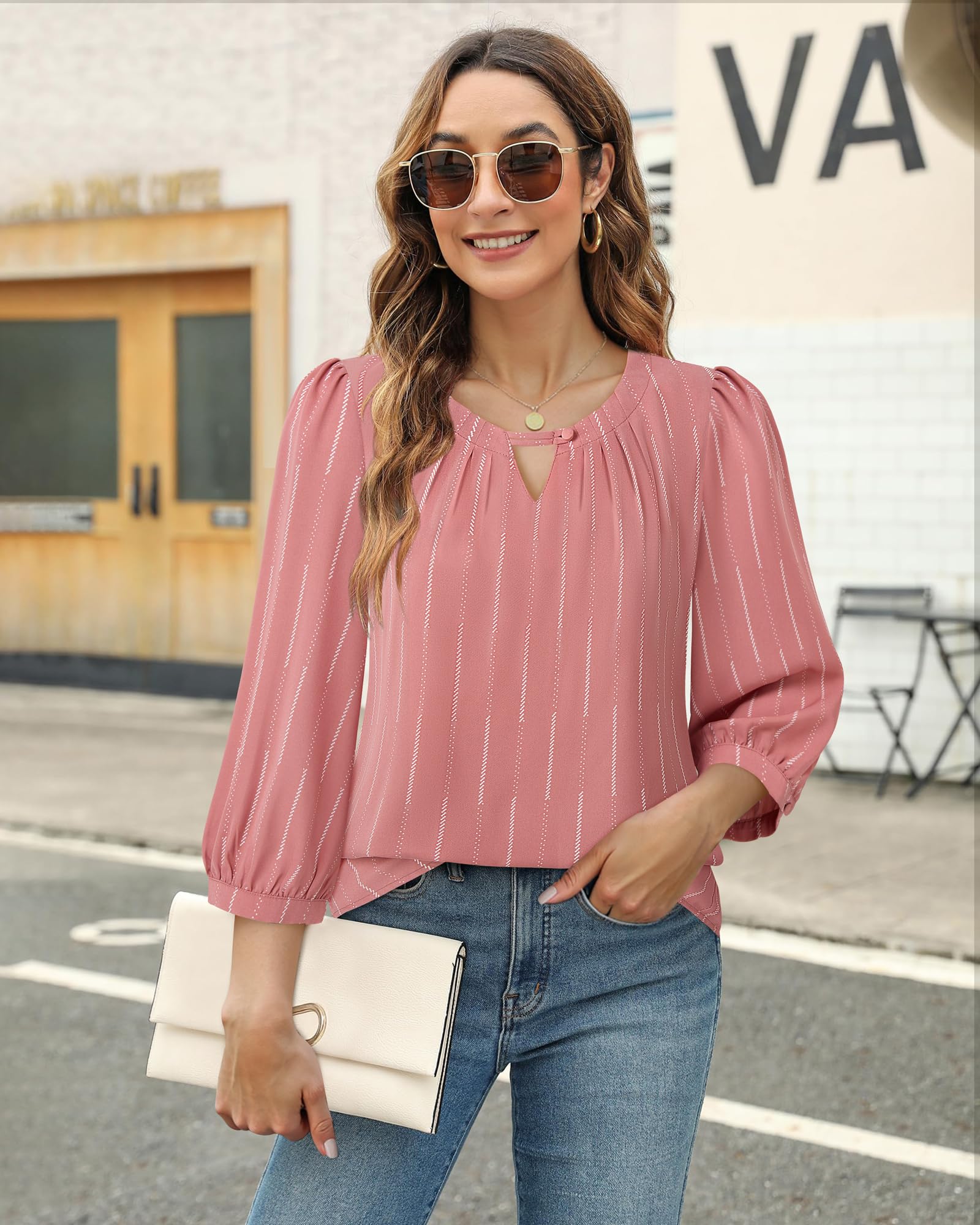 VALOLIA Damen 3/4-Ärmel, elegante Blusen, Hemden, Business, Freizeit, Arbeit, Chiffon, Tunika, Tops
