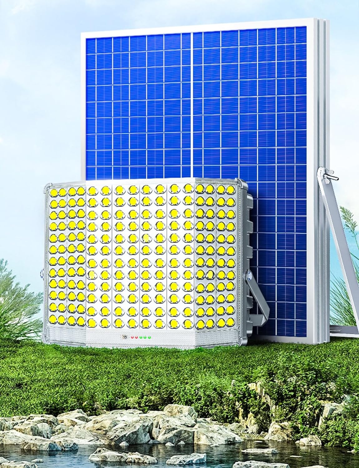 600W Solar Street Light, IP66 Waterproof LED Outdoor Lamp with Motion Sensor & Remote Control, Easy Installation, Bright Wide Angle Lighting for Gardens, Patios, and Driveways (Blue)