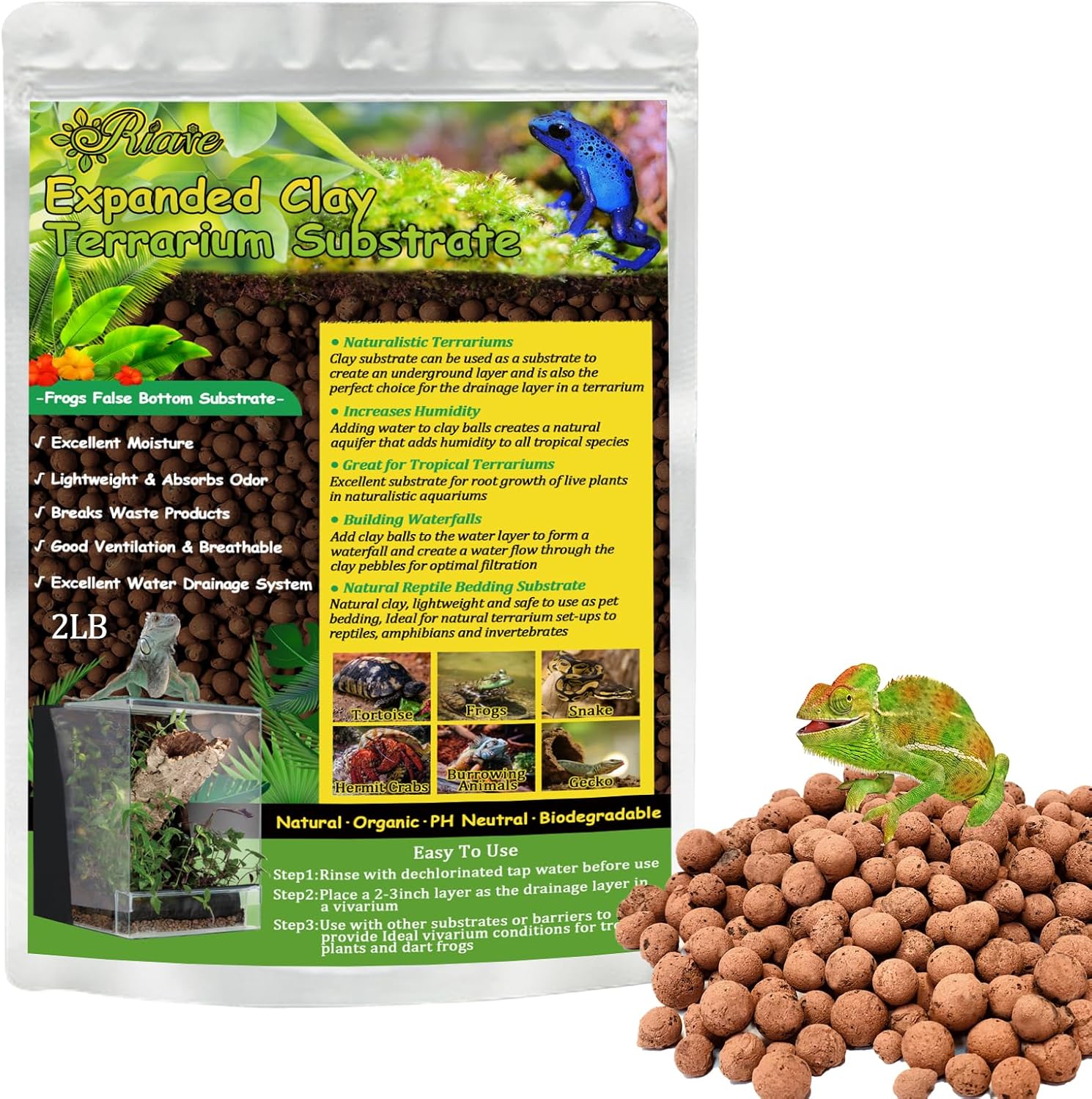 Riare 2LBS Expanded Clay Balls Terrarium Substrate for Reptiles – 100% Organic Lightweight Clay Pebbles Substrate Frogs False Bottom Substrate, Bioactive Terrarium Substrate for Drainage and Moisture