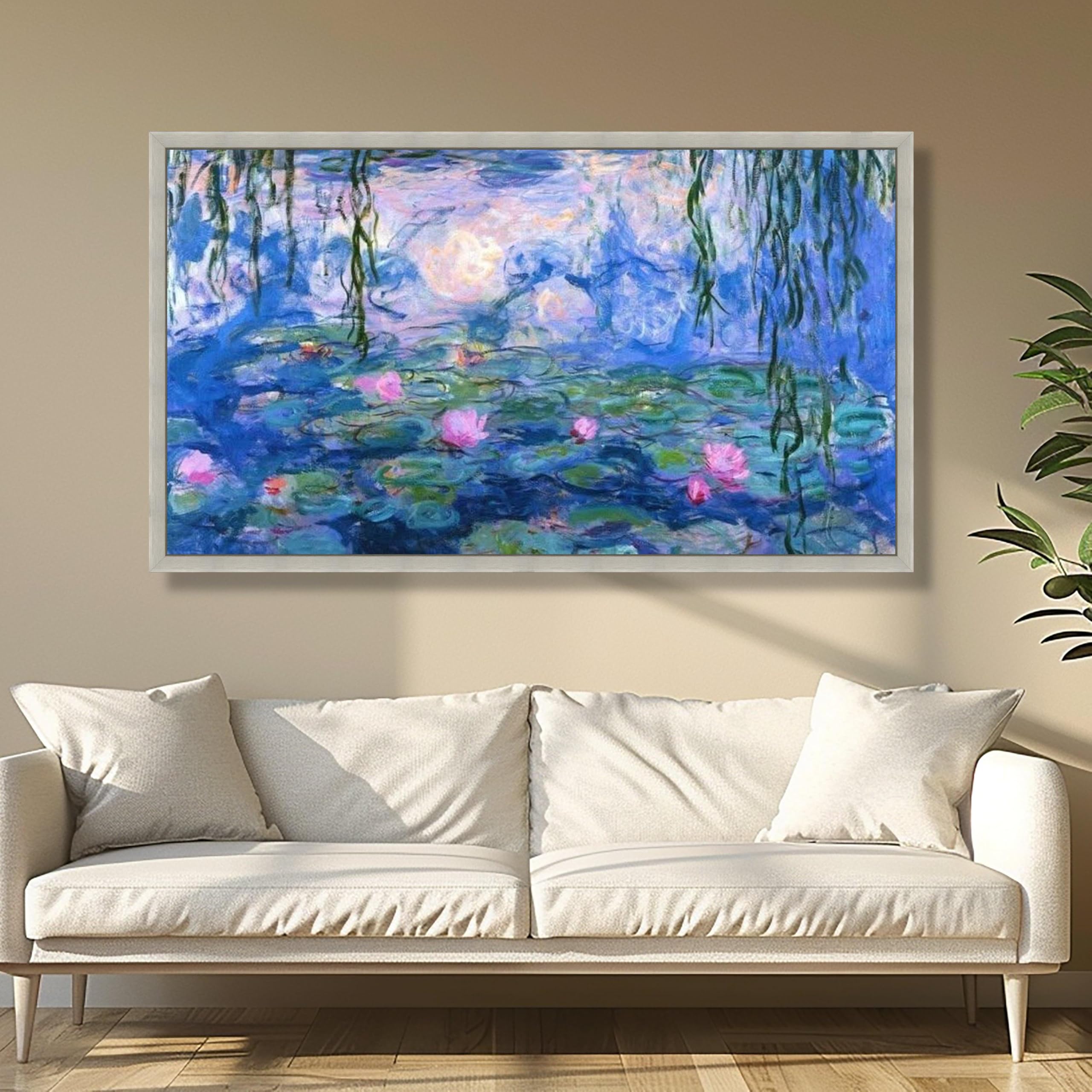 XINBAO Impresjonistyczne lilie wodne na płótnie, sztuka ścienna, estetyczny obraz kwiatowy, impresjonizm, natura, woda, ogród, mural (75 x 150 cm)