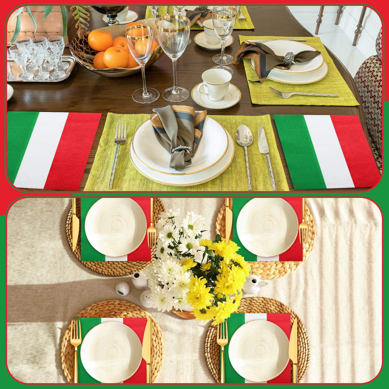 Affrolling 50 servilletas de Navidad a granel clásicas rojas, blancas y verdes, desechables, de papel italiano, de 16,5 cm, para Navidad, reuniones familiares, banquetes, banquetes y decoración de