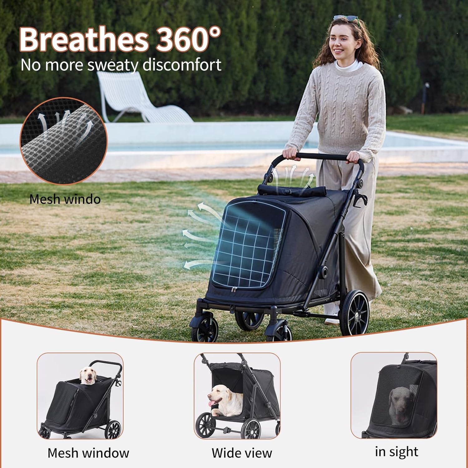 Dog Stroller for Large Dogs, 100 Lbs Capacity Heavy Duty Extra Large Pet Stroller for Medium Dogs, All Terrain Dog Wagon Cart with 12" PU Wheels, Shock Absorption, Adjustable Handle, Black