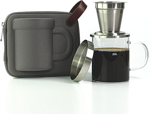 Juego de cafetera de vidrio de viaje, 4 piezas (gris)  Filtro de acero inoxidable 182 con tapa  Taza de vidrio de borosilicato sin BPA  Cafetera de