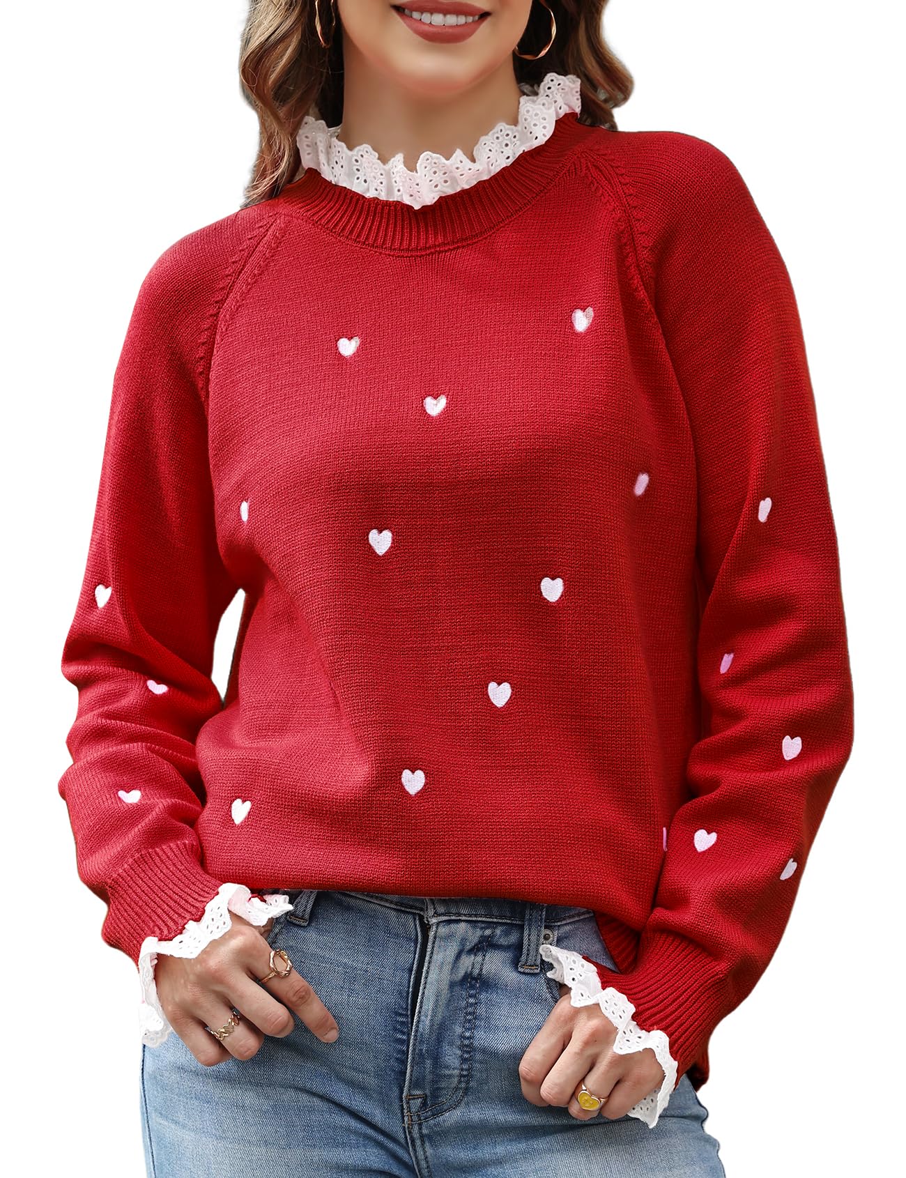 Gihuo Heart Sweater for Women Lace Knit Long Sleeve Pullover Jumper Cute Valentines Sweater Women Cozy Trendy Winter