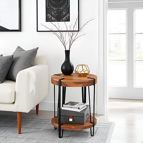 Miniatura 6 de Ryegate - Mesa auxiliar redonda de madera de acacia y metal de 2 niveles con estante inferior, mesa decorativa rústica moderna con borde vivo,