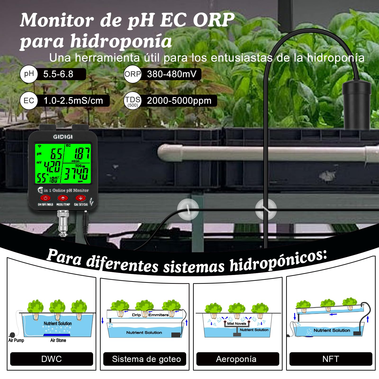 Medidor pH Acuario inteligente, Continuo pH Hidroponia Monitor, La Pantalla Grande Puede Mostrar Múltiples Parámetros Simultáneamente, 8 en 1 pH EC PPM ORP Sal y Humedad para Acuario,Hidroponia