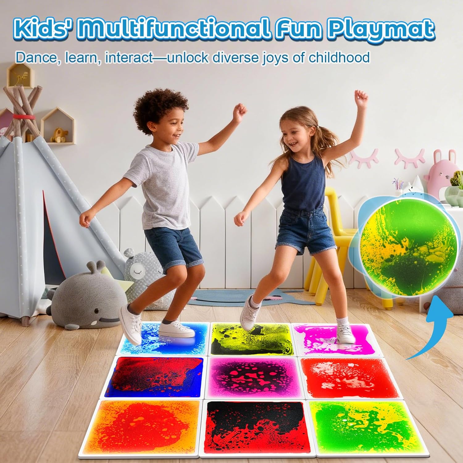 Sensory Floor Tiles 9PCS - Liquid Play Mats for Kids Toddlers (3-7Y), Non-Toxic Lava Tiles for Home & Classroom, Waterproof Colorful Sensory Toys for Autism, Gross Motor Development