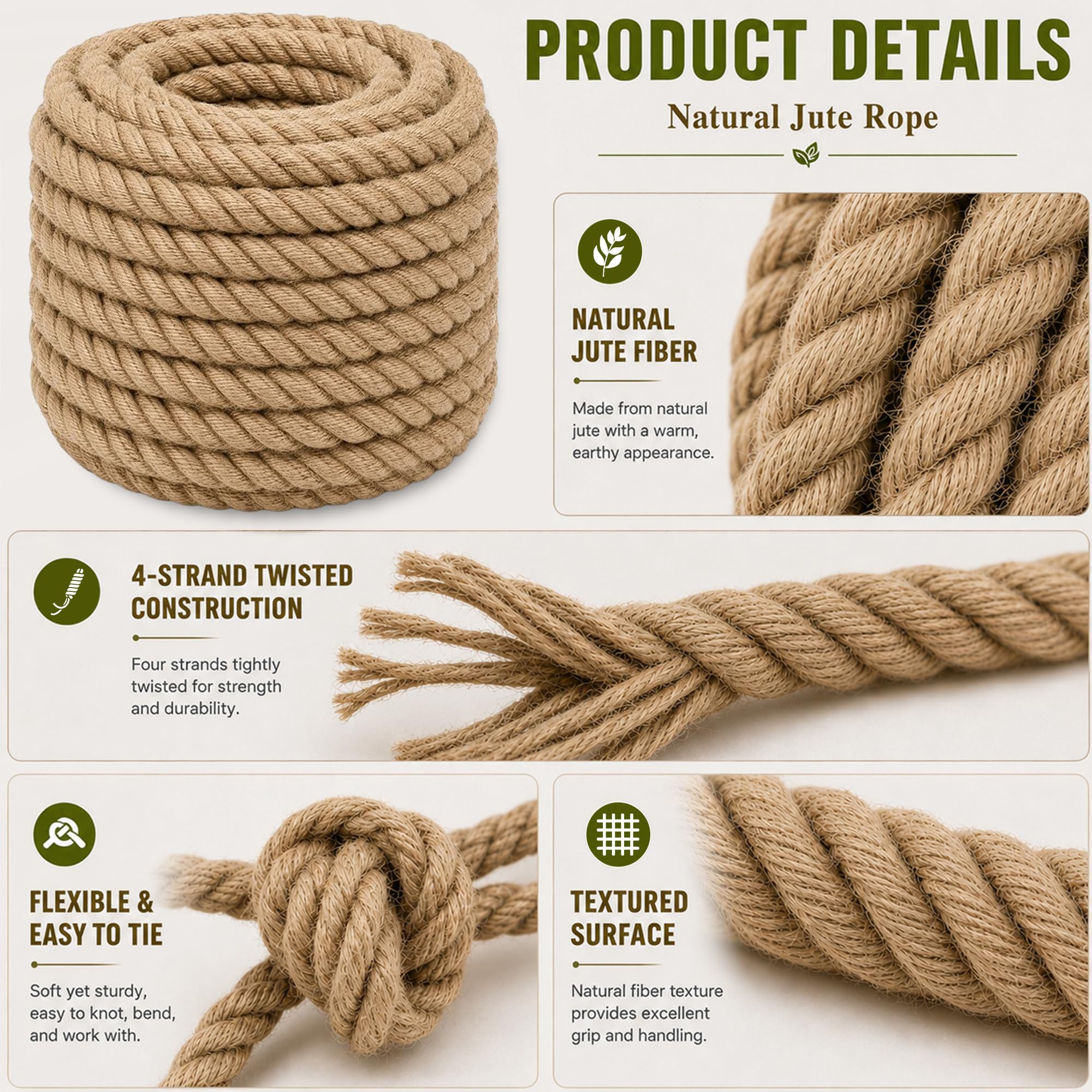 Cuerda de yute trenzada de manila (1 pulgada x 200 pies) cuerda de cáñamo gruesa natural para manualidades, náutica, barandillas, hamaca, decoración