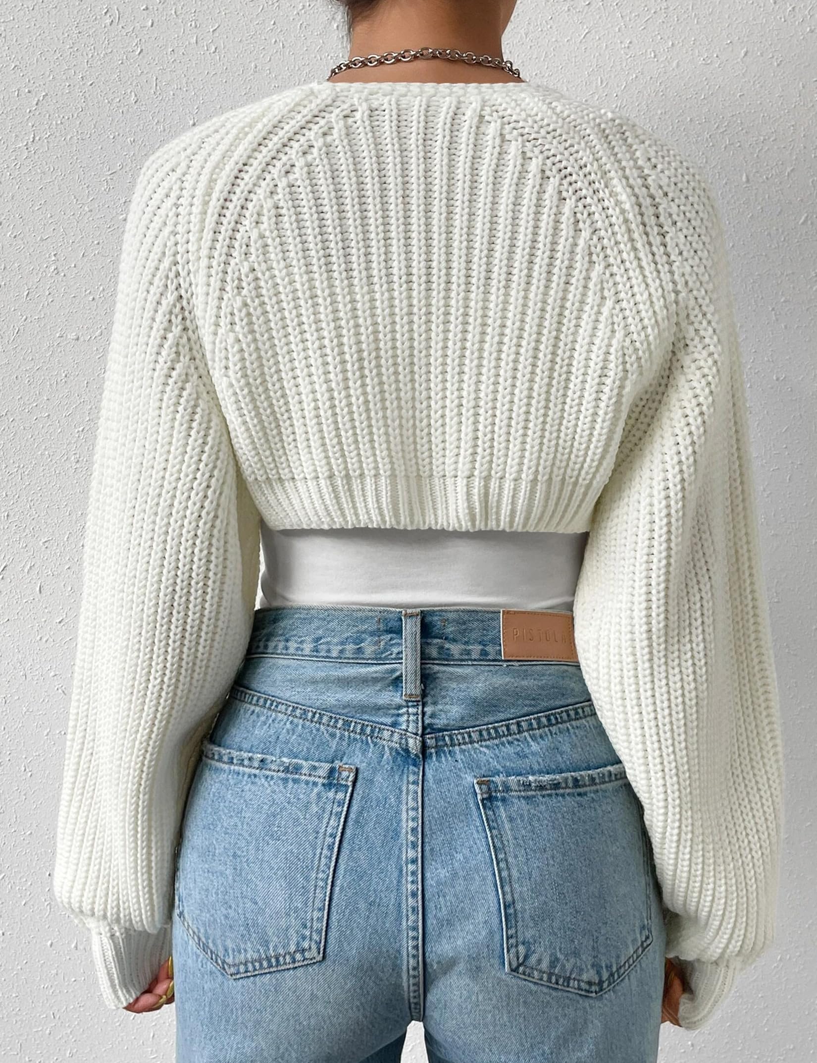 XuBa Bolero Damen Kurz Strickjacke Shrug Strickpullover Cardigan Sweater Langarm Solide Farbe Gerippt Crop Tops