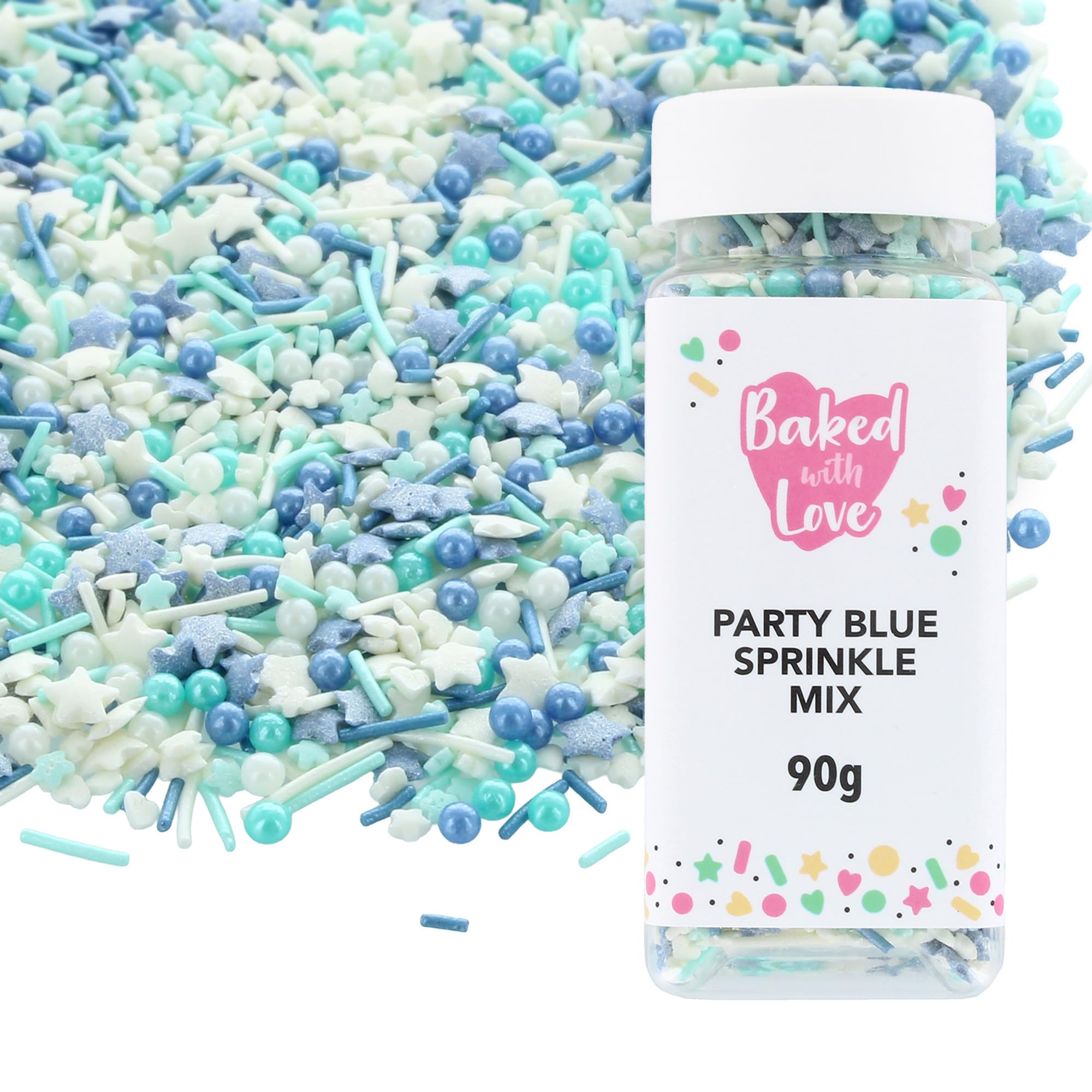 Blue Sprinkles By Baked With Love | 90g | Blue & White Sugar Cake Sprinkles, Edible Cake Decorations, Sugar Hearts, Stars, Strands, And Pearls For Cupcakes