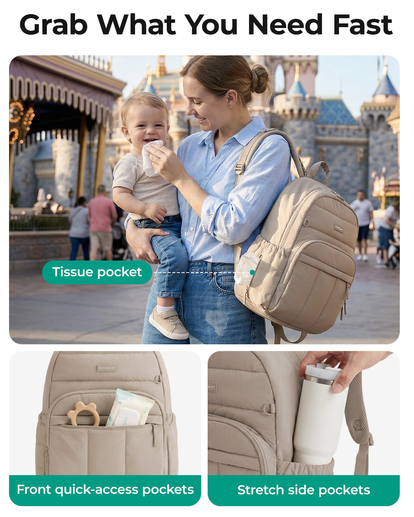 BAGSMART Diaper Bag Backpack, Multi-Pocket Puffy Diaper Bag with Waterproof Changing Pad, Lightweight Stroller-Friendly Diaper Bag with Insulated Pockets, Easy-Access Baby Essential, Camel - 3