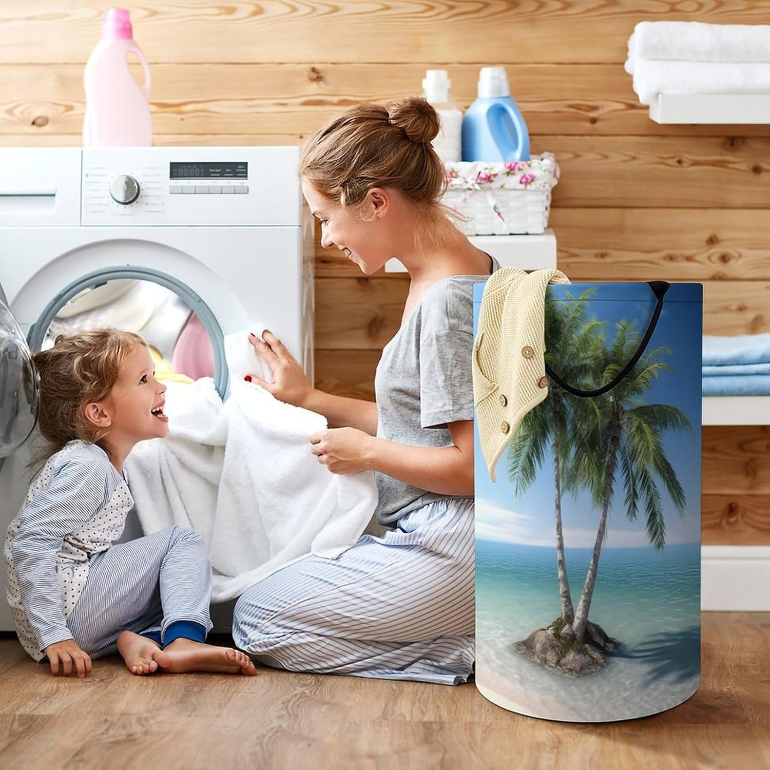 Sea Palm Trees Laundry Basket Freestanding Laundry Hamper with Handles Waterproof Dirty Clothes Hamper Collapsible Washing Bin Aesthetic Clothes Basket for Bathroom Bedroom Dorm