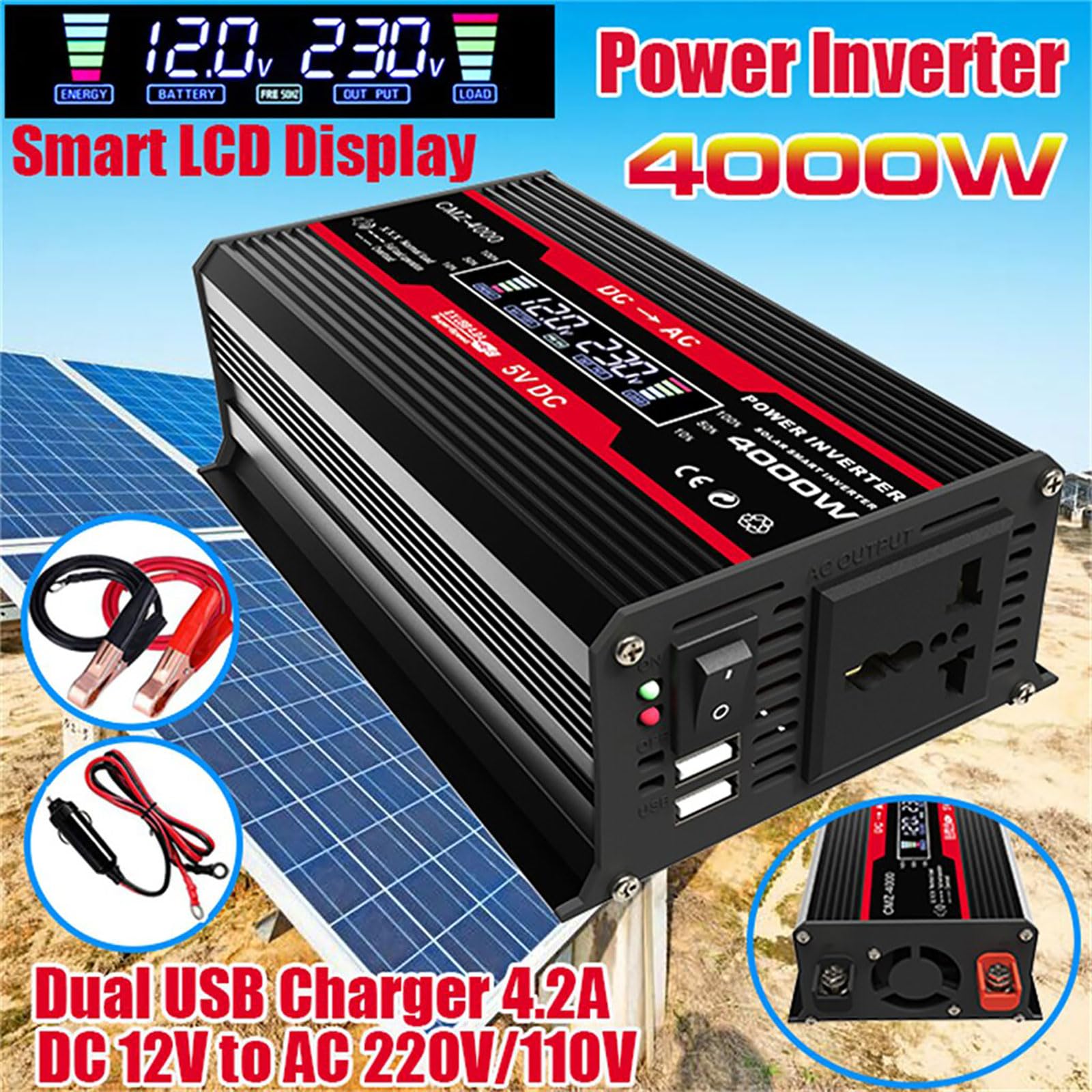Zestaw wodoodpornych paneli słonecznych 50 W z falownikiem 4000 W – kompletne zasilanie poza siecią dla kamperów i kempingów z inteligentnym wyświetlaczem LCD(Black)