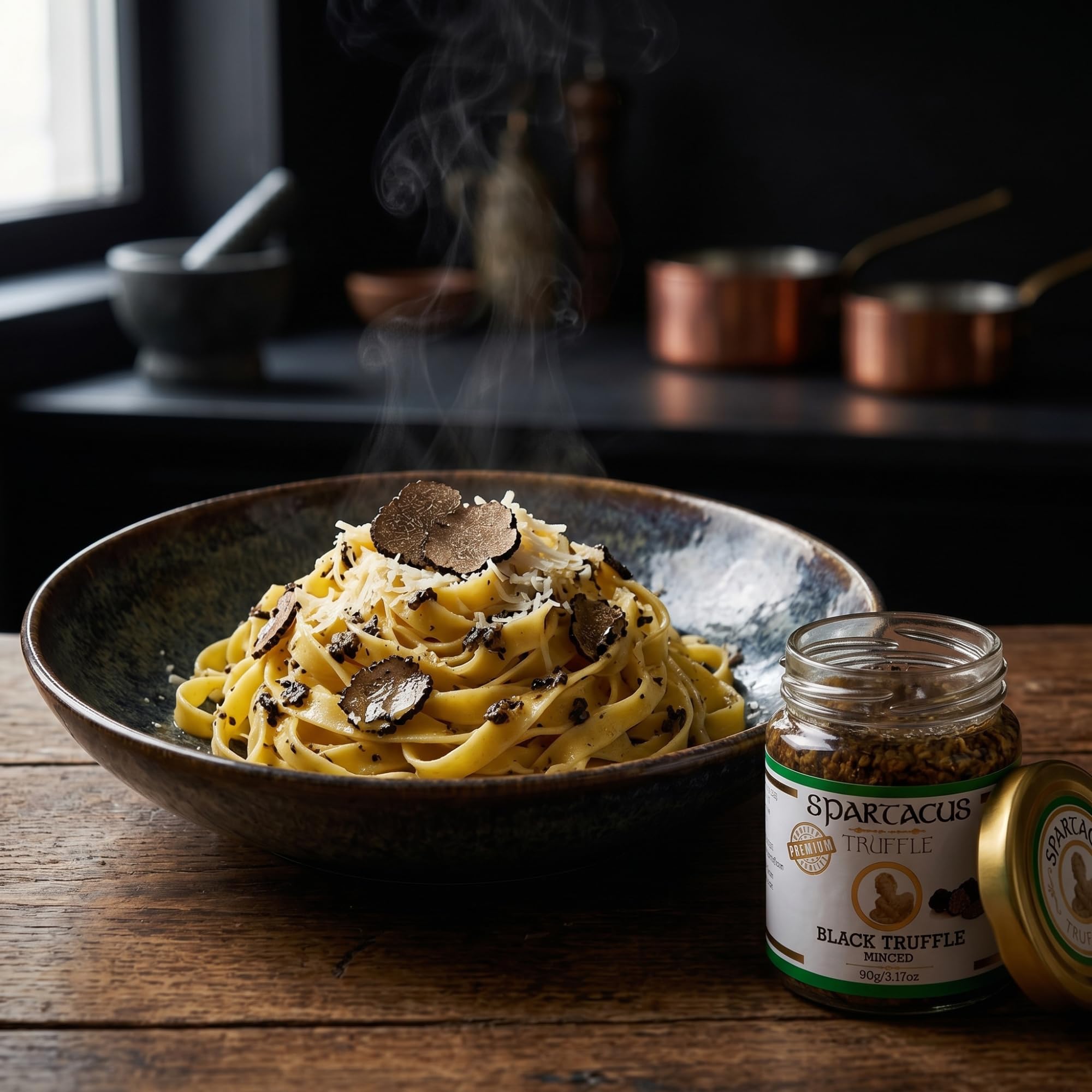 Spartacus Truffle Truffe Noire Hachée 90 g Gourmet Premium Bocal | Tuber aestivum récolté à la main, 3 ingrédients, sans additifs ni conservateurs, végétalien, sans gluten, 60-65 g de truffe