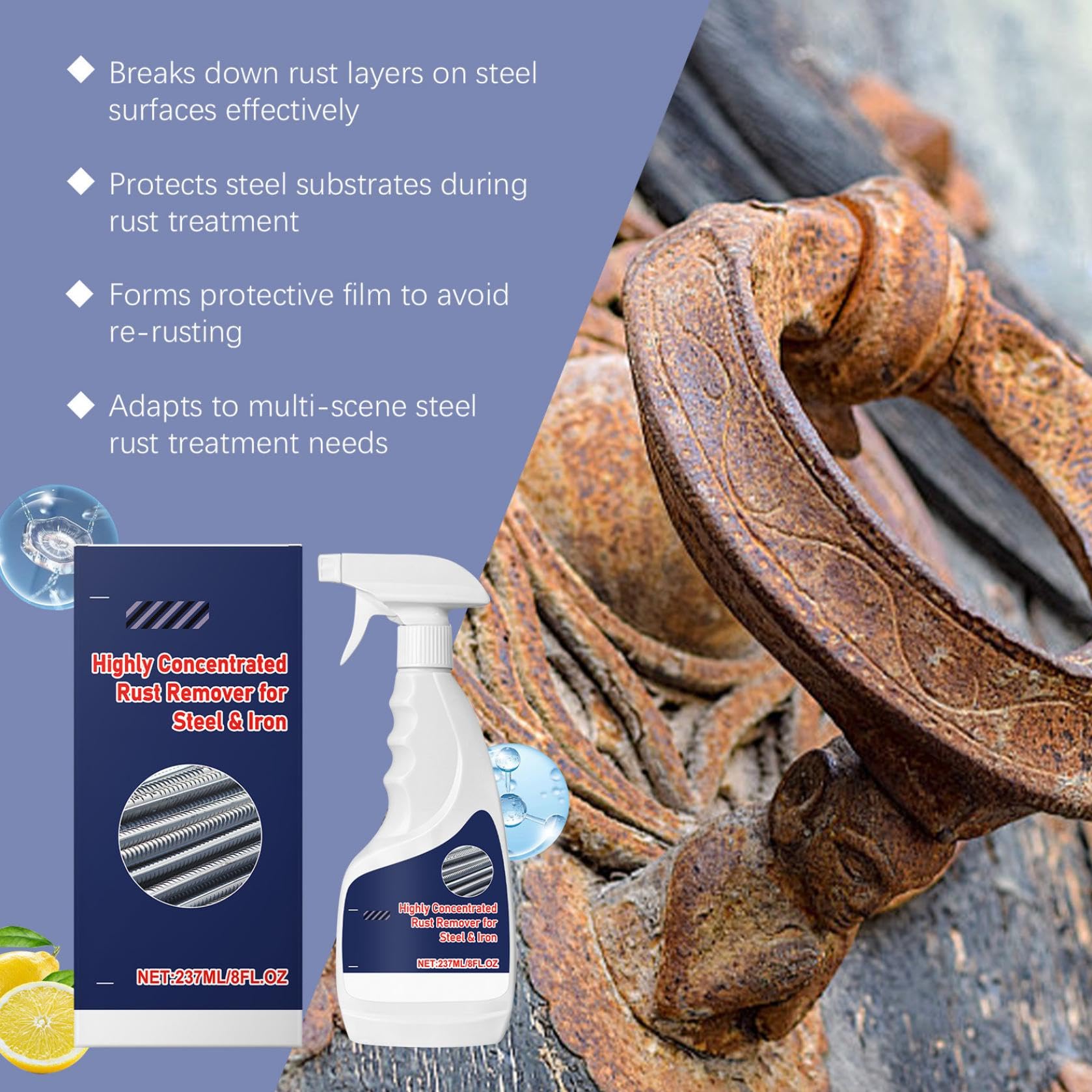 Quorven Spray Antirouille Robuste Pour Métal, Quorven Rust Remover Spray, Highly Concentrated Steel Rust Remover, Convertisseur De Rouille,Détachant Instantané Pour L'entretien De Voiture,237 ml (3PC)