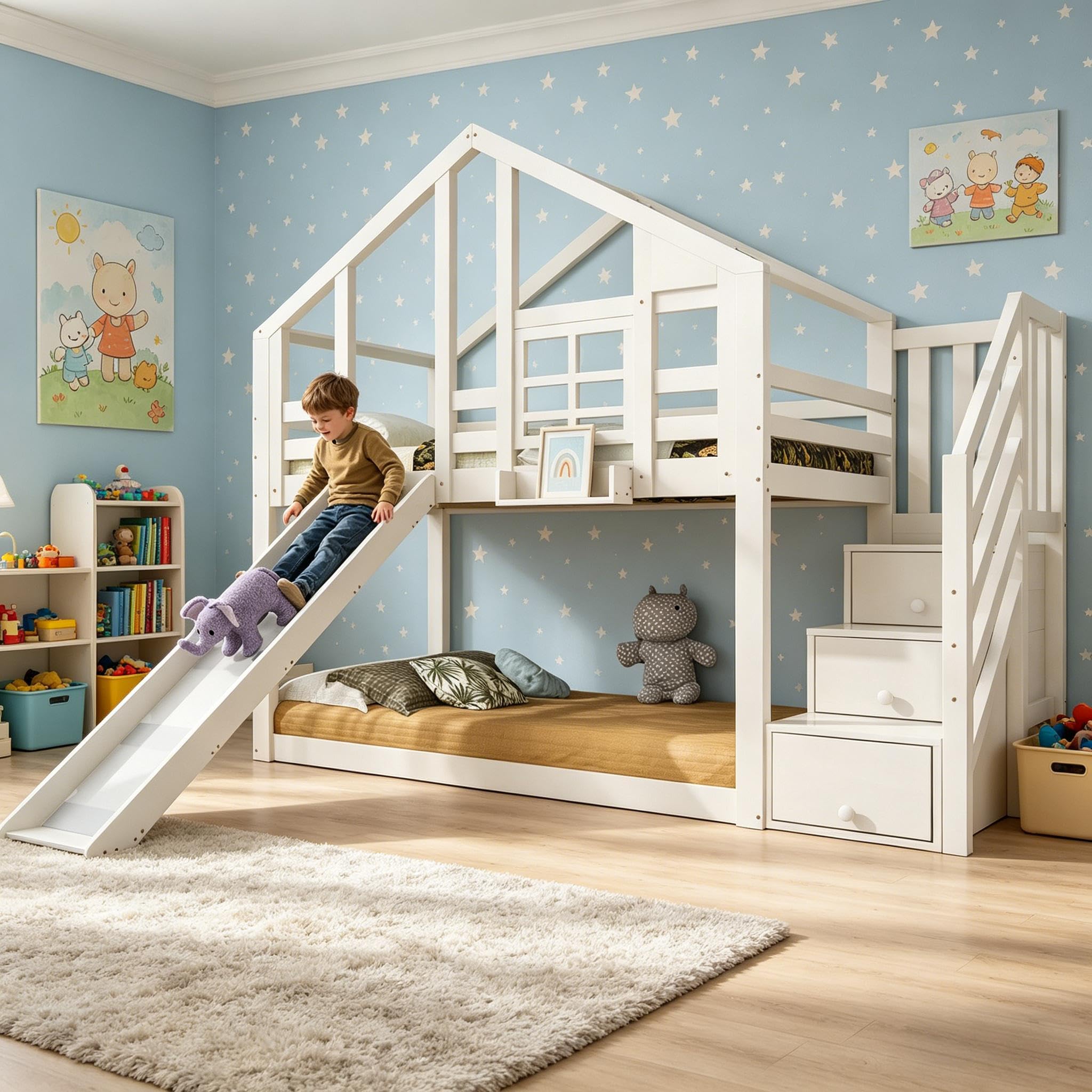 Su & Chan Legence Kinderbett 90 x 200cm mit Stauraum Treppe, Hochbett mit Rutsche und Rausfallschutz, Etagenbett Baumhaus mit Holz Lattenrost, Ohne Matratze, Weiß