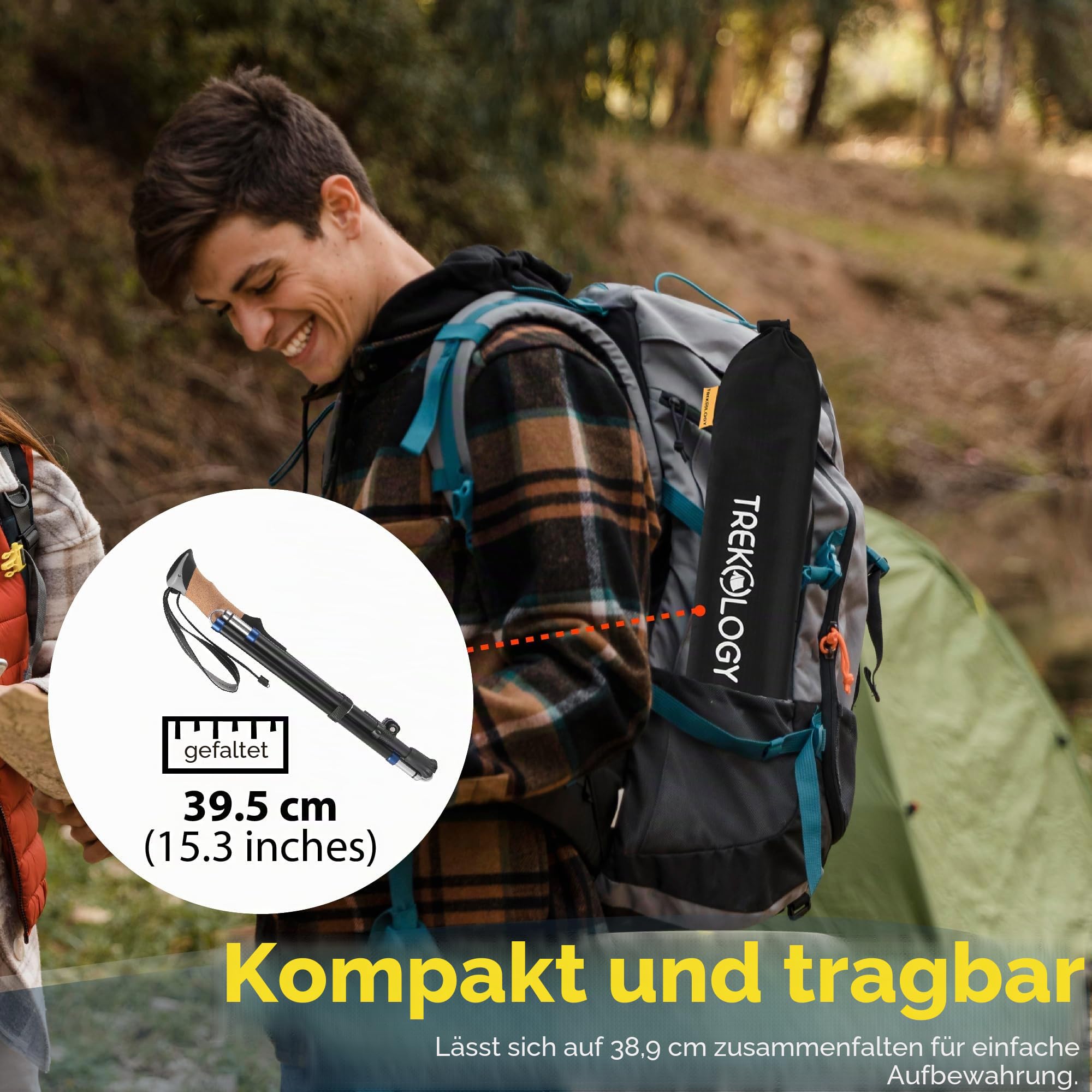 TREKOLOGY Wanderstöcke Faltbar – Leichte, Verstellbare Aluminium Walking Stöcke mit Korkgriffen – Kompakte, Zusammenklappbare Wanderstöcke – 2 Stück – Schwarz, TREKZ SE