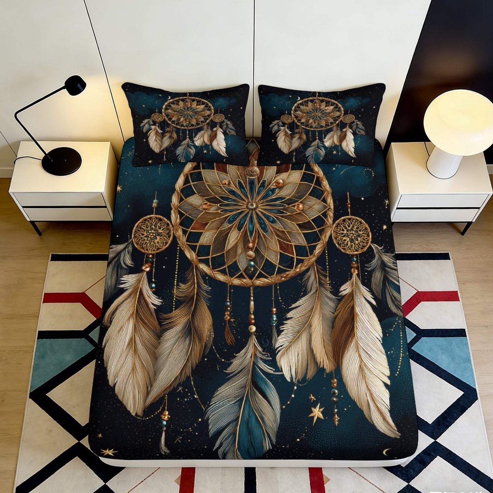 3D Printed Dreamcatcher Fitted Sheet Microfiber Soft Blue Gold Feather Bed Cover for Bedroom Guestroom Modern Decor 90x200x25cm