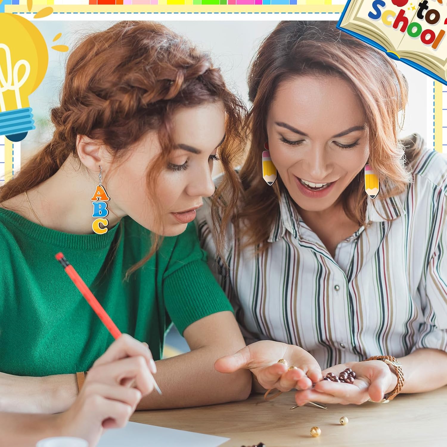 Landical 30 Pairs Teacher Earrings Bulk for Women Teacher's Day Wooden Double Side Design Rainbow Pencil Book Graduation Earrings for Teacher's Day Appreciation Gifts Back to School Jewelry