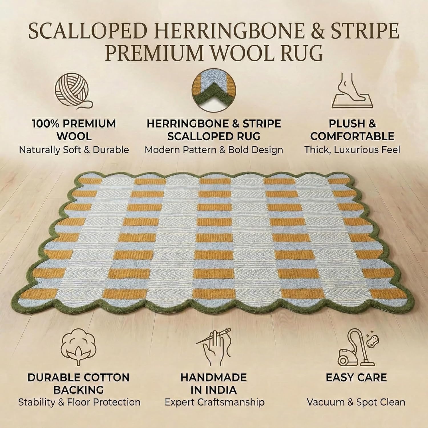 Handmade Scalloped Wool Area Rug - Modern Geometric Pattern, Green-Beige Stripes, Checkered Chevron Design - Soft, Durable Thick Carpet for Living Room, Bedroom, Dining Room (Light Blue, 8' x 10')
