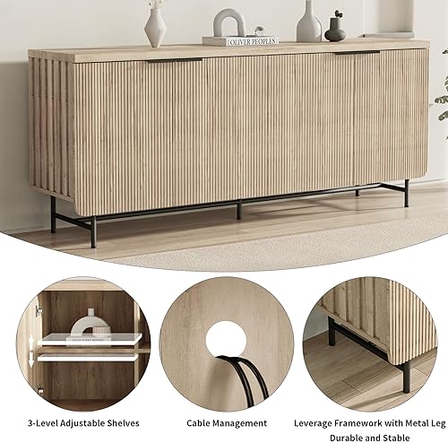 Miniatura 14 de Soporte de TV acanalado de mediados de siglo para TV de 55 a 75 pulgadas, centro de entretenimiento negro con almacenamiento, soporte de televisión,